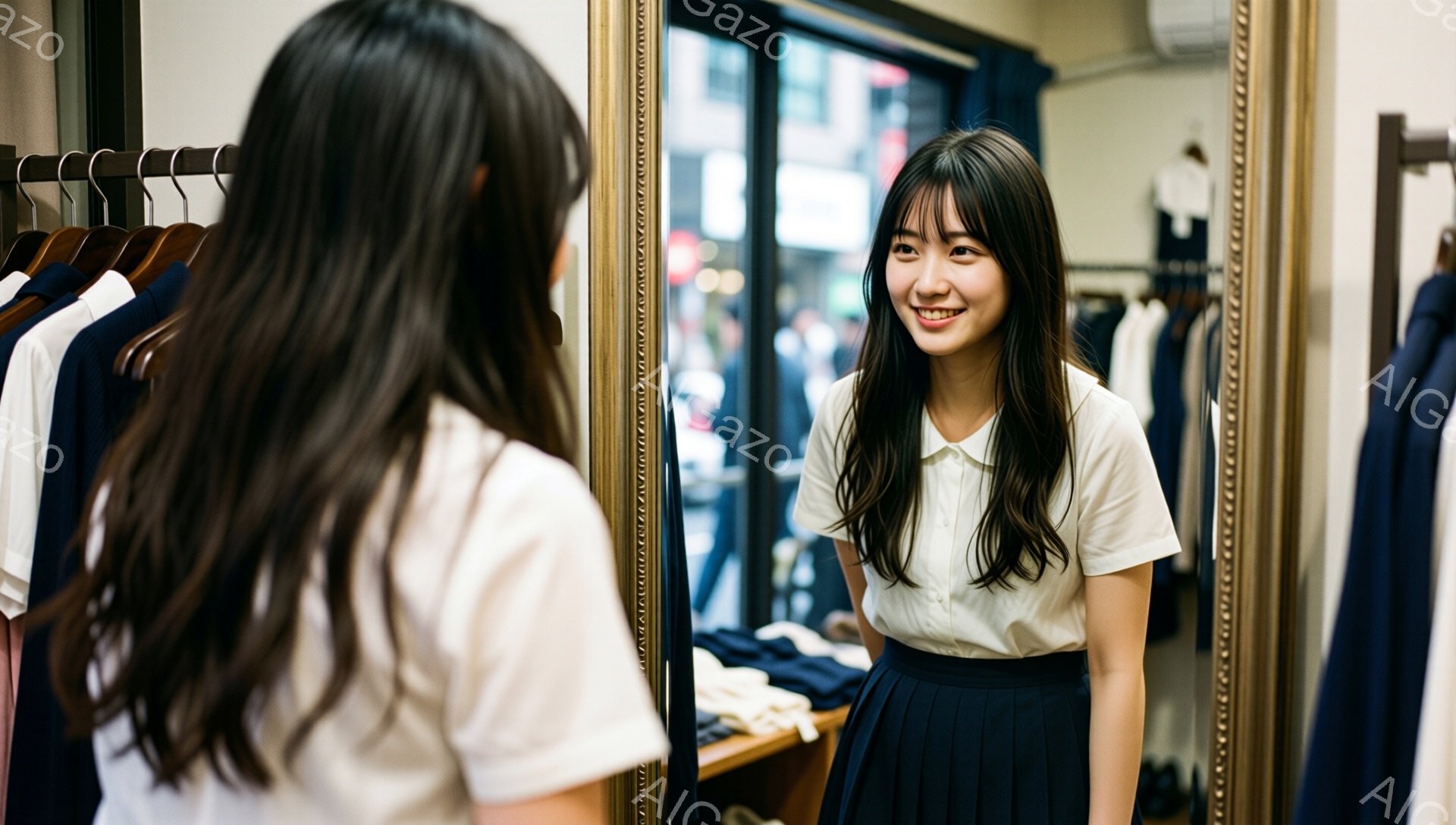 この女性は試着室で微笑んでいます。白いシャツに濃い青色のプリーツスカートを着用し、長い黒髪を肩に垂らしています。背景にはハンガーに掛けられた服が見え、明るい雰囲気の衣料品店であることがわかります。