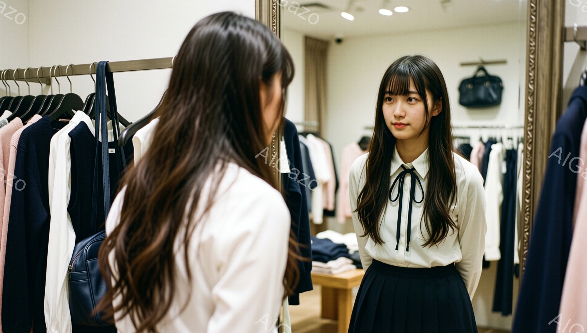長い髪の女性が、白いブラウスと黒のプリーツスカートを着て鏡の前で立っている。彼女は少し微笑んでいて、前髪が目にかかるヘアスタイルをしている。背景には服が並んだ棚があり、お店の中の様子が伺える。