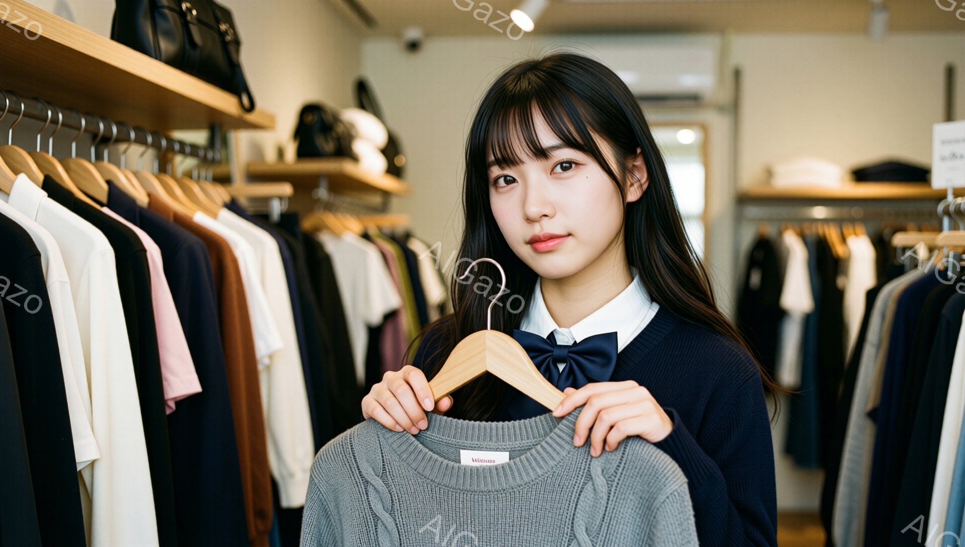 若い女性が店内でグレーのセーターをハンガーにかけて持っています。彼女は紺色のジャケットと白いシャツ、黒いリボンで飾り付けられた可愛らしいスタイルで、少し微笑んでカメラを見ています。背景にはたくさんの洋服が並んだ棚があり、明るい照明が店内の雰囲気を和らげています。