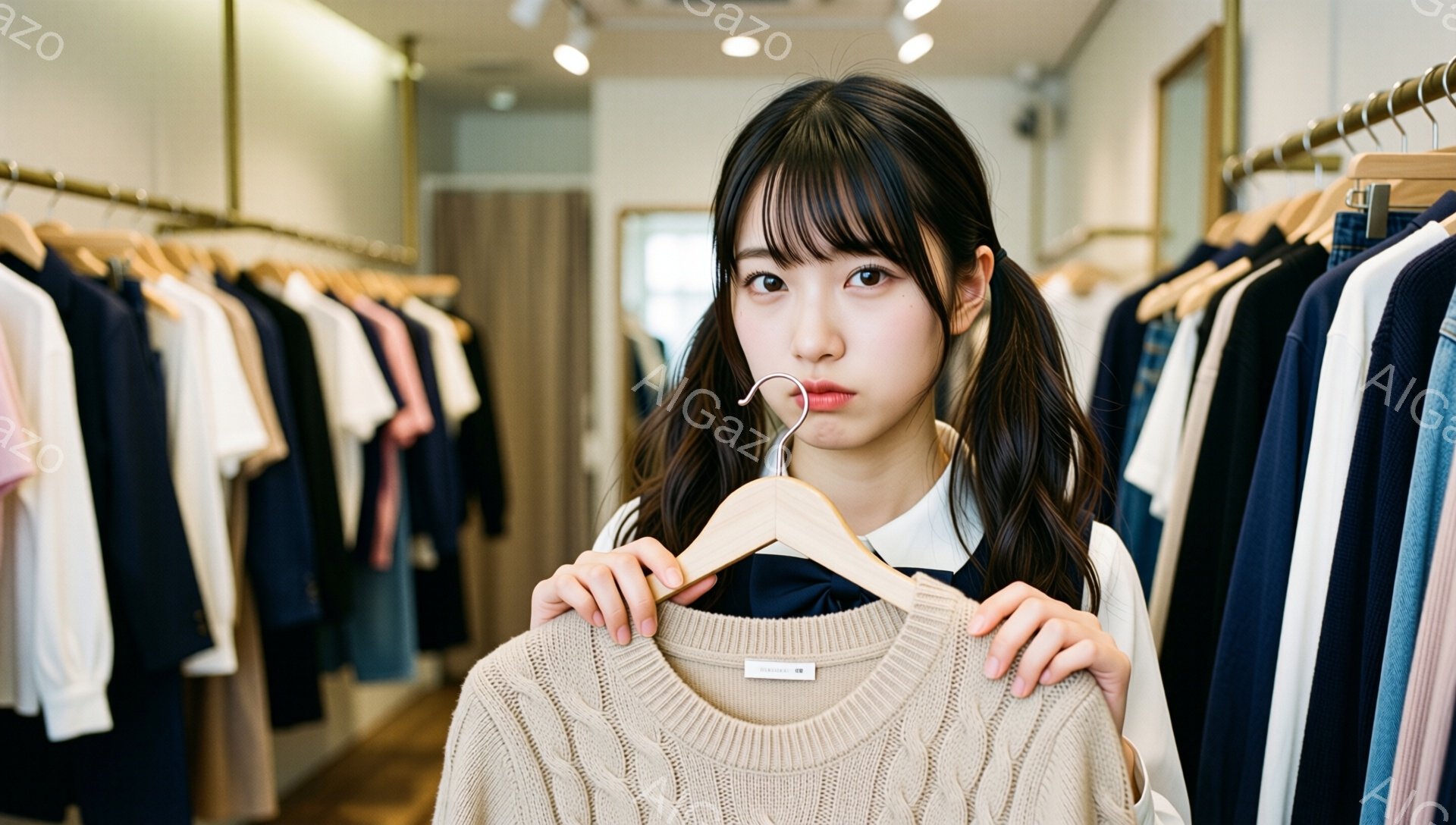 若い女性がベージュ色のセーターをハンガーにかけ、カメラの方を見ています。彼女は前髪を下ろした黒髪で、白いシャツと紺色のリボンが特徴的です。背景には服が並んだ棚があり、店内は明るく、洗練された雰囲気です。