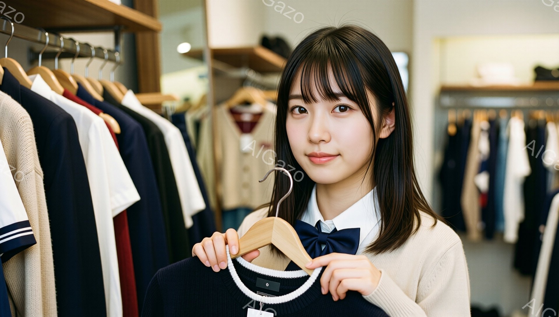 長い黒髪で前髪が眉毛にかかる女性が、紺色のセーターを手に持っています。ベージュのセーターと白いシャツ、濃い青のリボンタイの装いです。背景には洋服が並んだ棚があり、明るく整頓された店舗の雰囲気です。