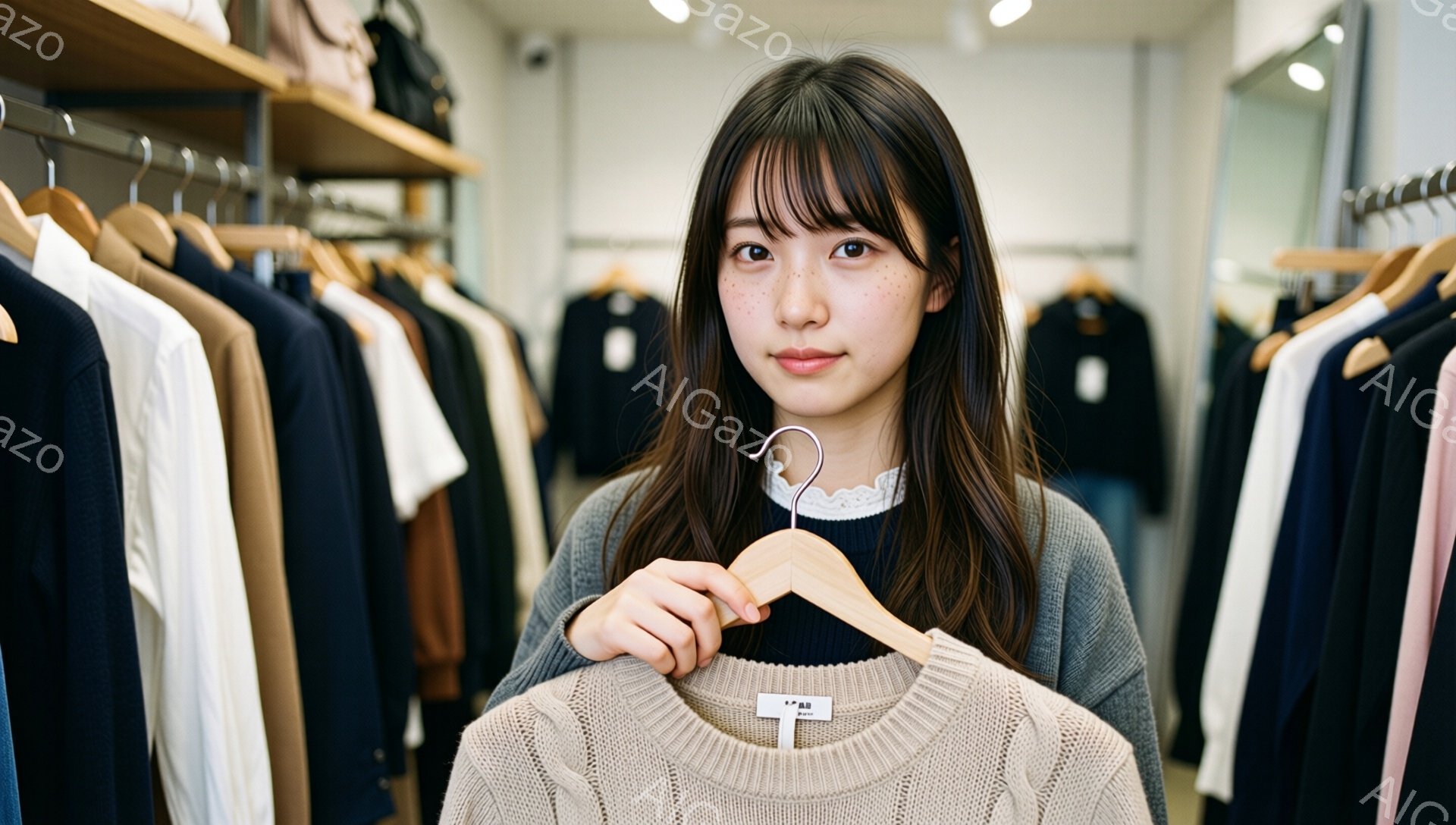 長い茶色の髪と前髪を持つ若い女性が、ベージュ色のセーターを木製のハンガーにかけた状態で正面を見つめています。彼女はグレーのセーターを着ており、少し微笑んでいて、肌はきめ細かく、そばかすがあります。背景には、様々な色の服が並んだ衣料品店が見え、明るく清潔感のある雰囲気です。