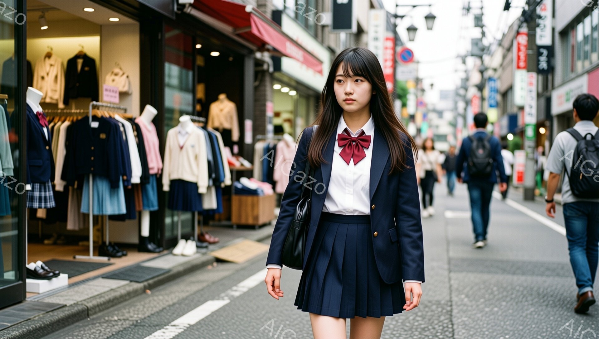 紺色のブレザーに白いシャツ、チェック柄のスカートを着用した若い女性が、歩道を歩いています。彼女は黒髪で、前髪は眉毛にかかる程度に切り揃えられ、少し憂いを帯びた表情をしています。背景には洋服店が並び、多くの人が行き交う賑やかな街並みが広がっています。