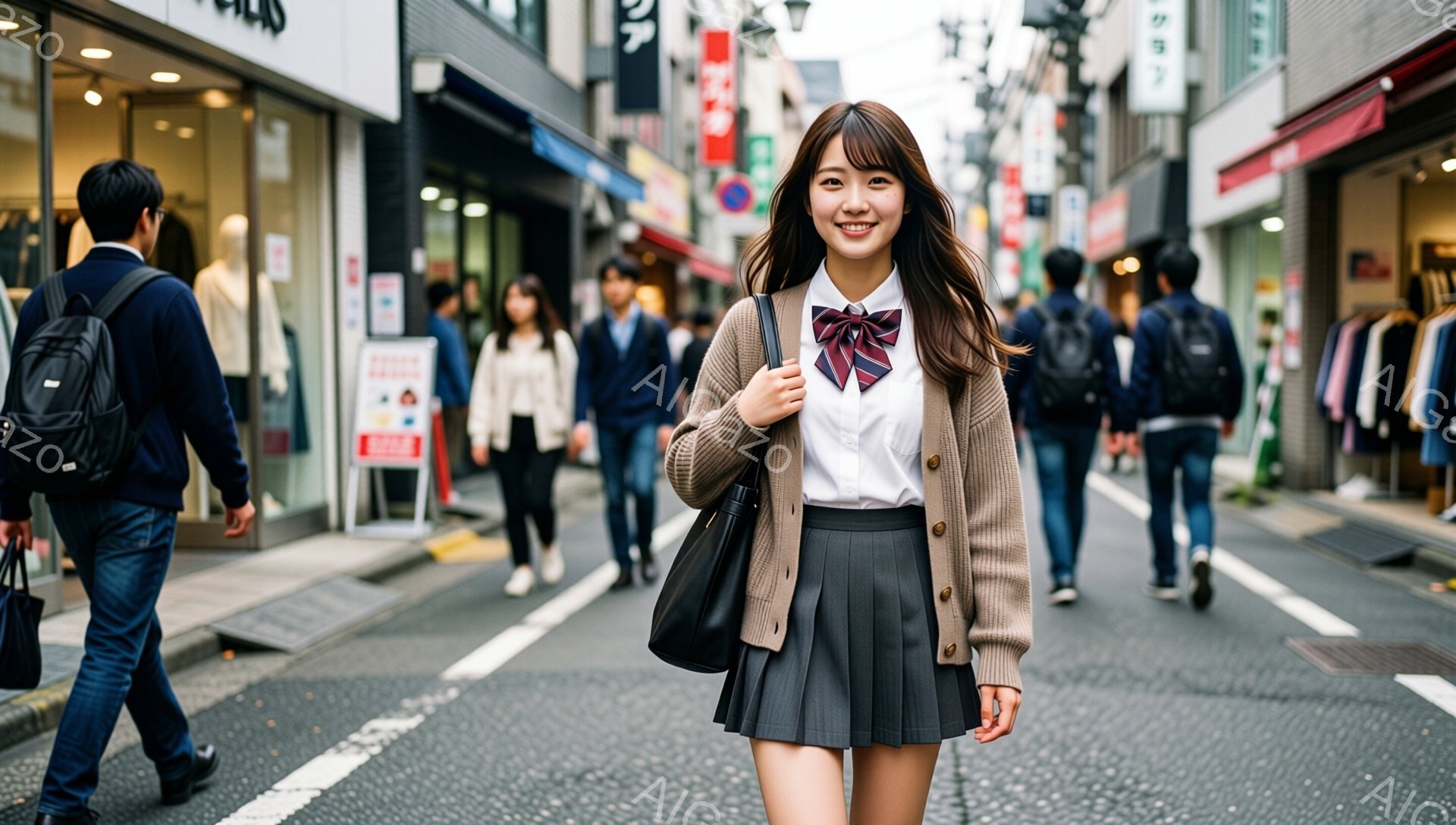 画像中央には、明るい笑顔を浮かべた女子高生が立っている。ベージュのカーディガン、白いシャツ、チェック柄のリボン、プリーツスカートという制服姿で、黒いショルダーバッグを肩に掛けている。背景には、商店街の建物が並び、人々が歩いている様子がうかがえ、晴天だが少しどんよりとした空模様である。