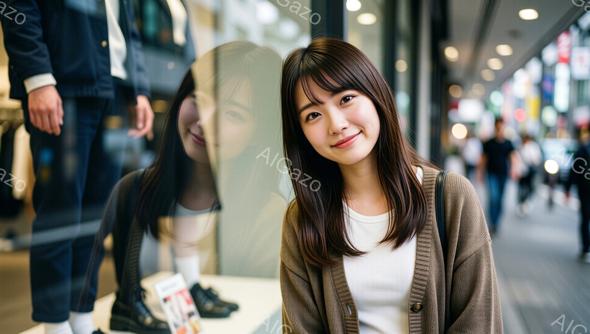 画像には、茶色のカーディガンに白いシャツを着た若い女性が写っています。彼女は微笑んでいて、髪は肩の長さで、前髪は目にかかるようにカットされています。背景にはショーウィンドウと、ぼやけた歩行者や建物が見え、日中の賑やかな街並みを表しています。