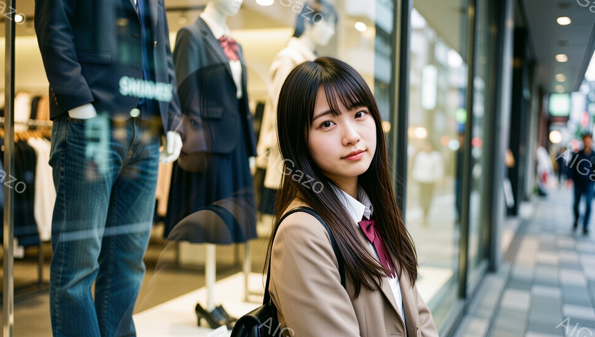 画像には、ブラウン系のジャケットと白いシャツ、赤いネクタイを着用した若い女性が写っています。彼女は少し微笑んでカメラを見ており、長い黒髪はストレートで、顔の横に流れています。背景には、マネキンが並んだショーウィンドウと、歩行者のいる通りが見え、都会的で落ち着いた雰囲気が漂っています。