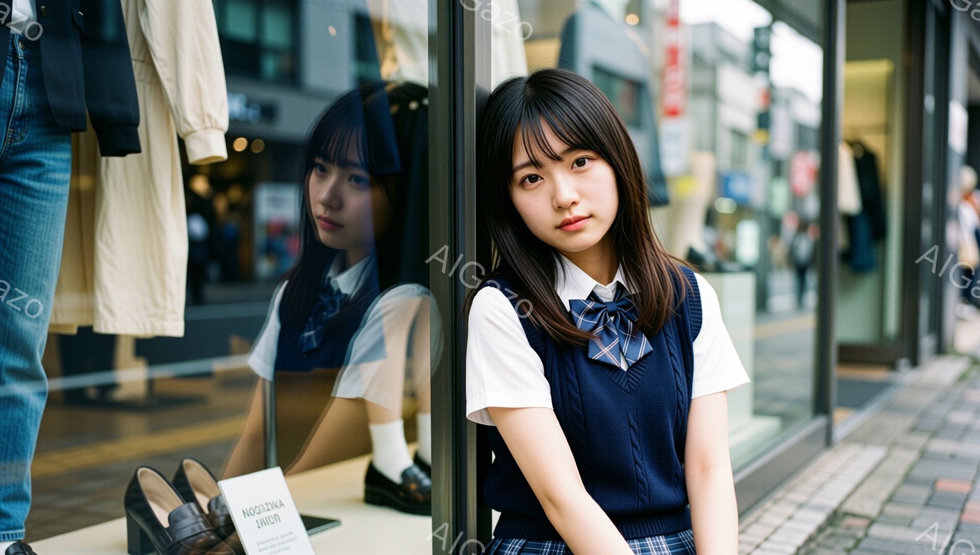 画像は、制服を着た若い女性がショーウィンドウの横に座っている様子を捉えています。彼女は紺色のベスト、白いシャツ、チェック柄のスカートを着用し、髪は前髪を下ろしたロングヘアです。彼女の表情はやや憂いがあり、物憂げな視線で正面を見ています。