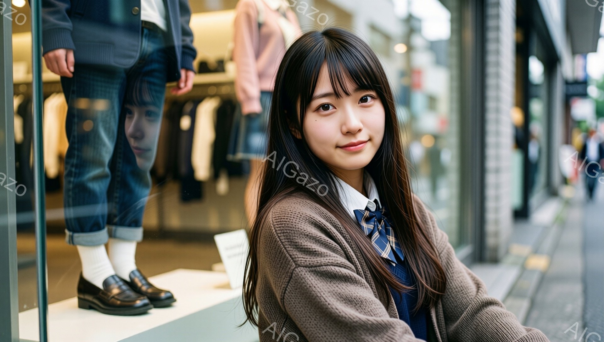 若い女性が正面を向き、微笑んでいます。彼女は茶色のカーディガン、ネクタイ、白いシャツを着用しており、黒髪を肩まで伸ばしています。背景にはショーウィンドウと、マネキンが展示された店が見え、街中の明るい日中の様子が伺えます。