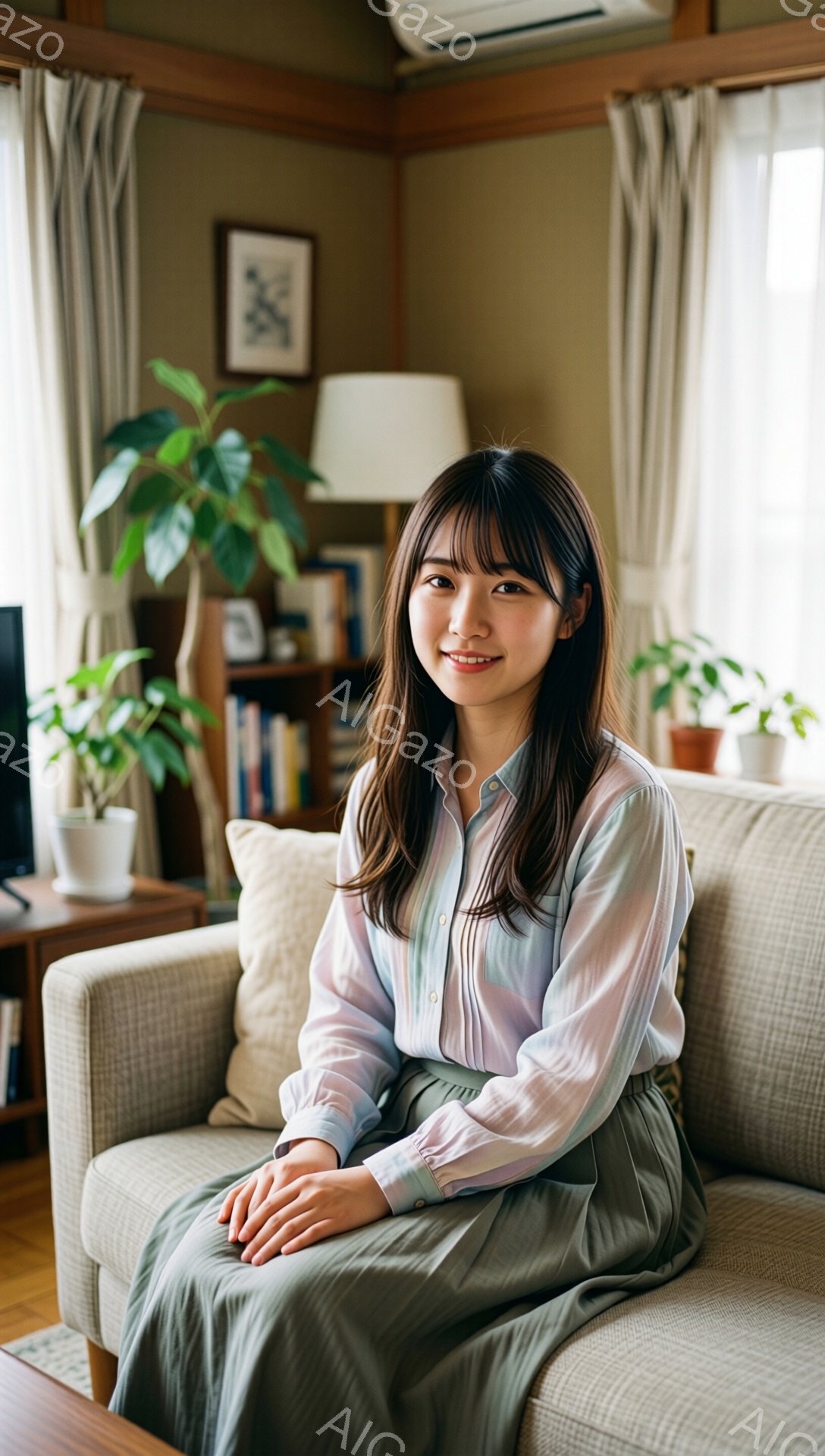 彼女はベージュのソファに座り、薄いピンクと白のストライプのシャツと、落ち着いた緑色のスカートを身に着けています。髪は肩にかかる長さで、前髪が少しあり、顔には穏やかな笑顔が浮かんでいます。背景には観葉植物や本棚が見え、明るく自然光が差し込む、居心地の良いリビングルームの雰囲気です。