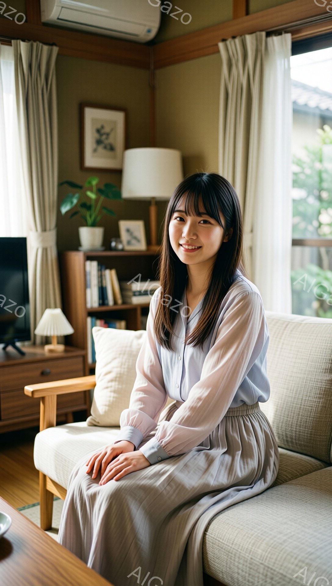 長い前髪とゆるいウェーブのかかった黒髪の女性が、ベージュ色のソファに座って微笑んでいます。薄い水色のブラウスと、同じくベージュ色のロングスカートを身につけており、リラックスした雰囲気が漂っています。背景には木製の棚や観葉植物が見え、窓の外には緑豊かな庭があり、穏やかで落ち着いた室内空間が表現されています。