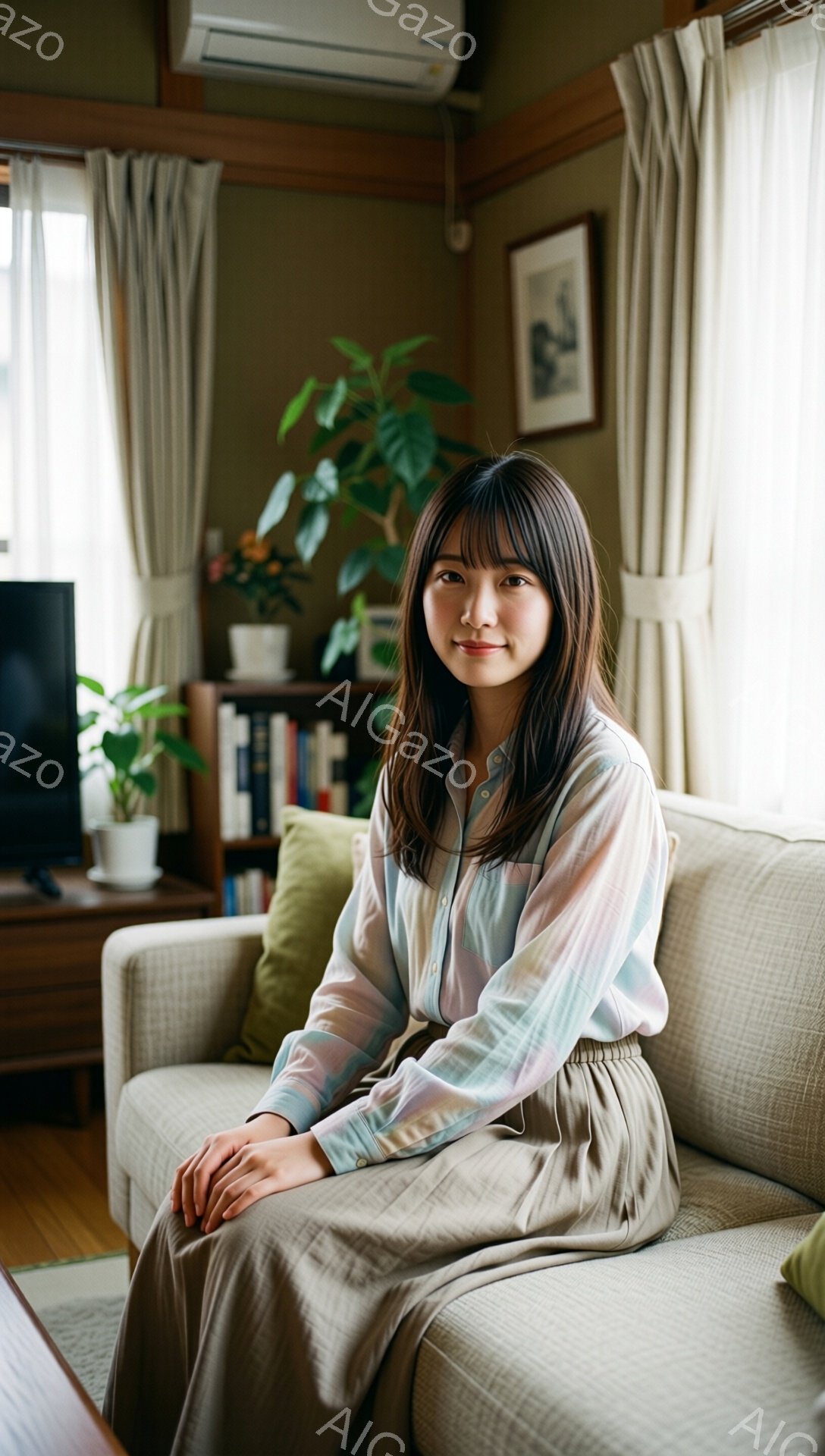 画像には、ベージュのソファに座っている若い女性が写っています。彼女は水色のストライプのシャツとベージュのズボンを着用し、長い黒髪は肩にかかっています。穏やかな笑顔を浮かべ、リラックスした姿勢で座っており、背景には観葉植物や本棚が見え、暖かく落ち着いた雰囲気です。