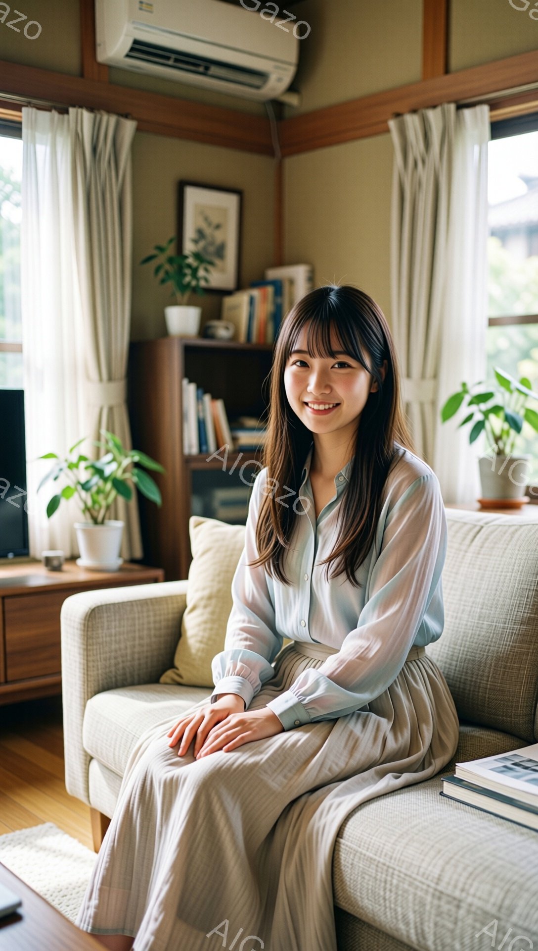 長い前髪とゆるいウェーブのかかった髪が印象的な女性が、明るいベージュ色のソファに座っています。水色のシアー素材のシャツに、ベージュのロングスカートを合わせ、穏やかな笑顔を浮かべています。背景には木製のキャビネットや観葉植物があり、自然光が差し込むリビングルームで、リラックスした雰囲気が漂っています。