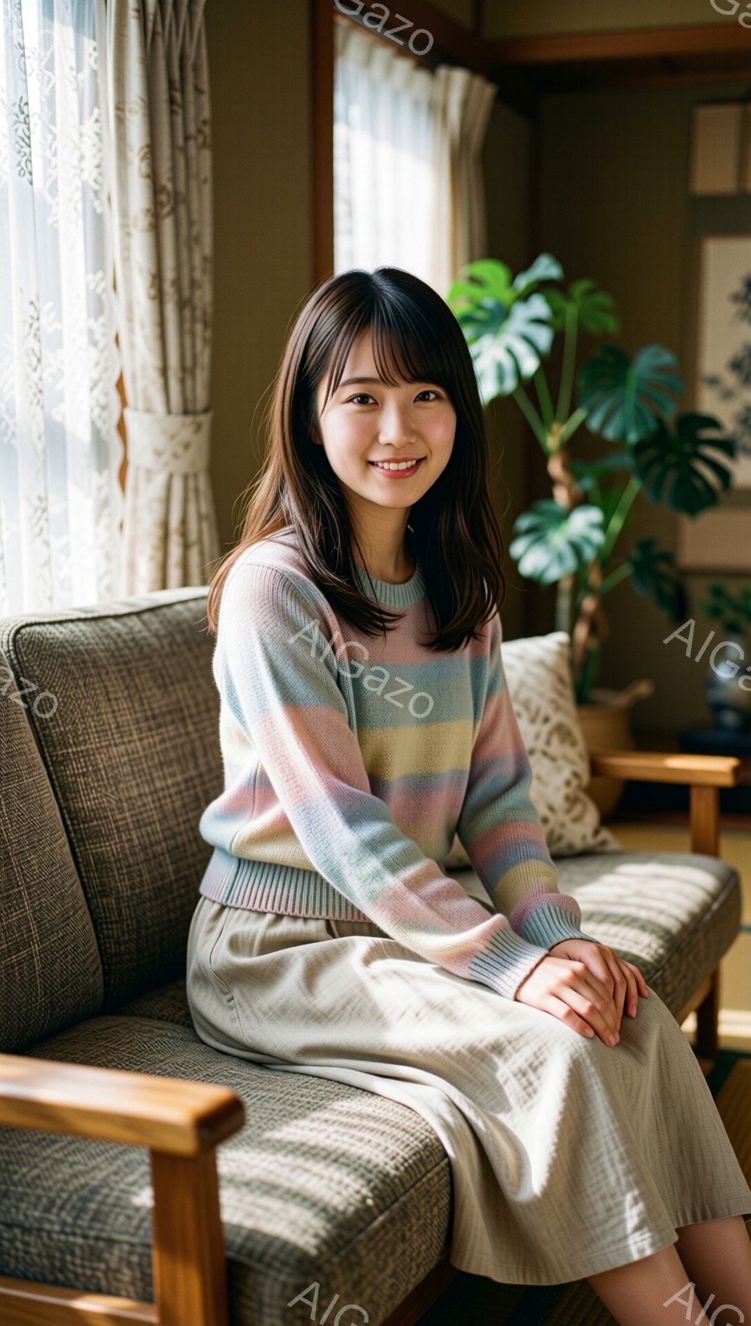 若い女性が、ストライプのパステルカラーのセーターとベージュのスカートを身に着けてソファに座っています。彼女は微笑んでおり、自然な髪型で、前髪が少し長めです。背景には窓から差し込む光、植物、そして日本の伝統的な家屋の一部が見え、暖かく穏やかな雰囲気が漂っています。