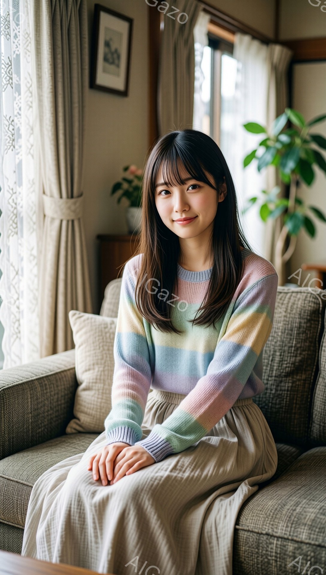 画像には、明るいリビングルームのソファに座っている若い女性がいます。彼女は虹色のセーターとベージュのスカートを着ており、長い黒髪を肩まで伸ばしています。彼女は微笑んでおり、リラックスした穏やかな雰囲気が漂っています。
