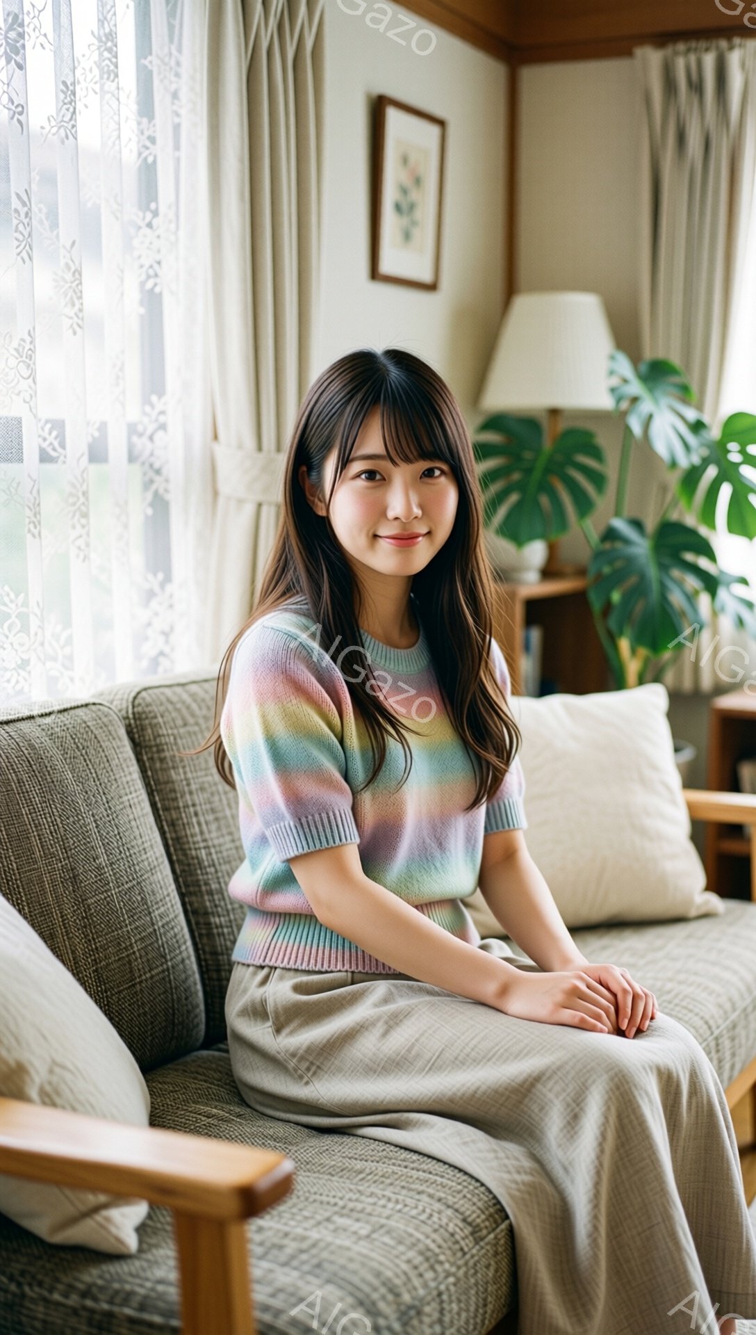画像には、明るいリビングルームのソファに座っている若い女性が写っています。彼女はレインボーカラーのセーターとベージュのパンツを着用し、肩までの長さの黒髪で、穏やかな笑顔を浮かべています。背景には、観葉植物や絵画、そして窓から差し込む柔らかな光が見え、リラックスした家庭的な雰囲気が漂っています。