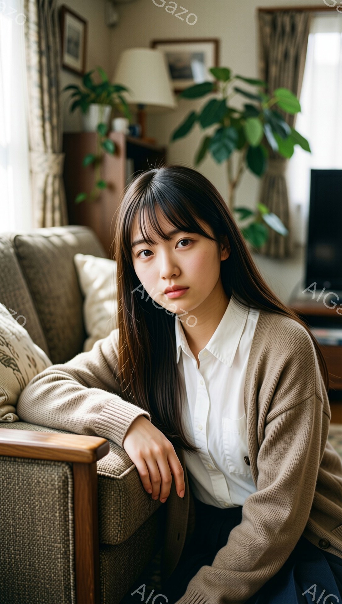 長い黒髪の女性が、ベージュのカーディガンと白いシャツを着て、ソファにもたれかかって座っています。彼女は少し憂いを帯びた表情で、カメラの方を穏やかに見つめています。背景には植物や絵画が見え、リビングルームの温かく落ち着いた雰囲気が伝わってきます。