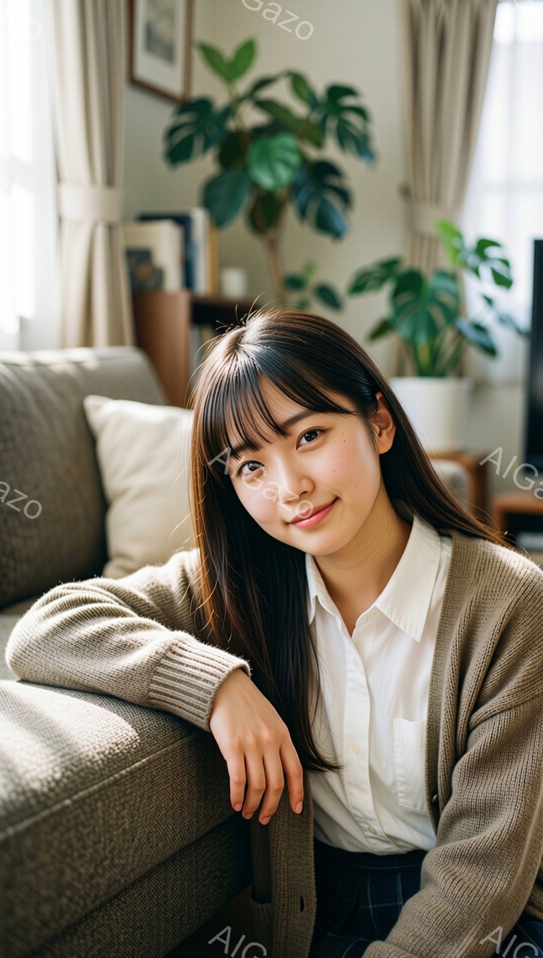 若い女性がソファーに座って微笑んでいます。彼女は白いシャツに茶色のカーディガン、そしてチェック柄のスカートを着ています。背景には観葉植物や絵画が見え、室内が柔らかい光で照らされており、リラックスした雰囲気が漂っています。