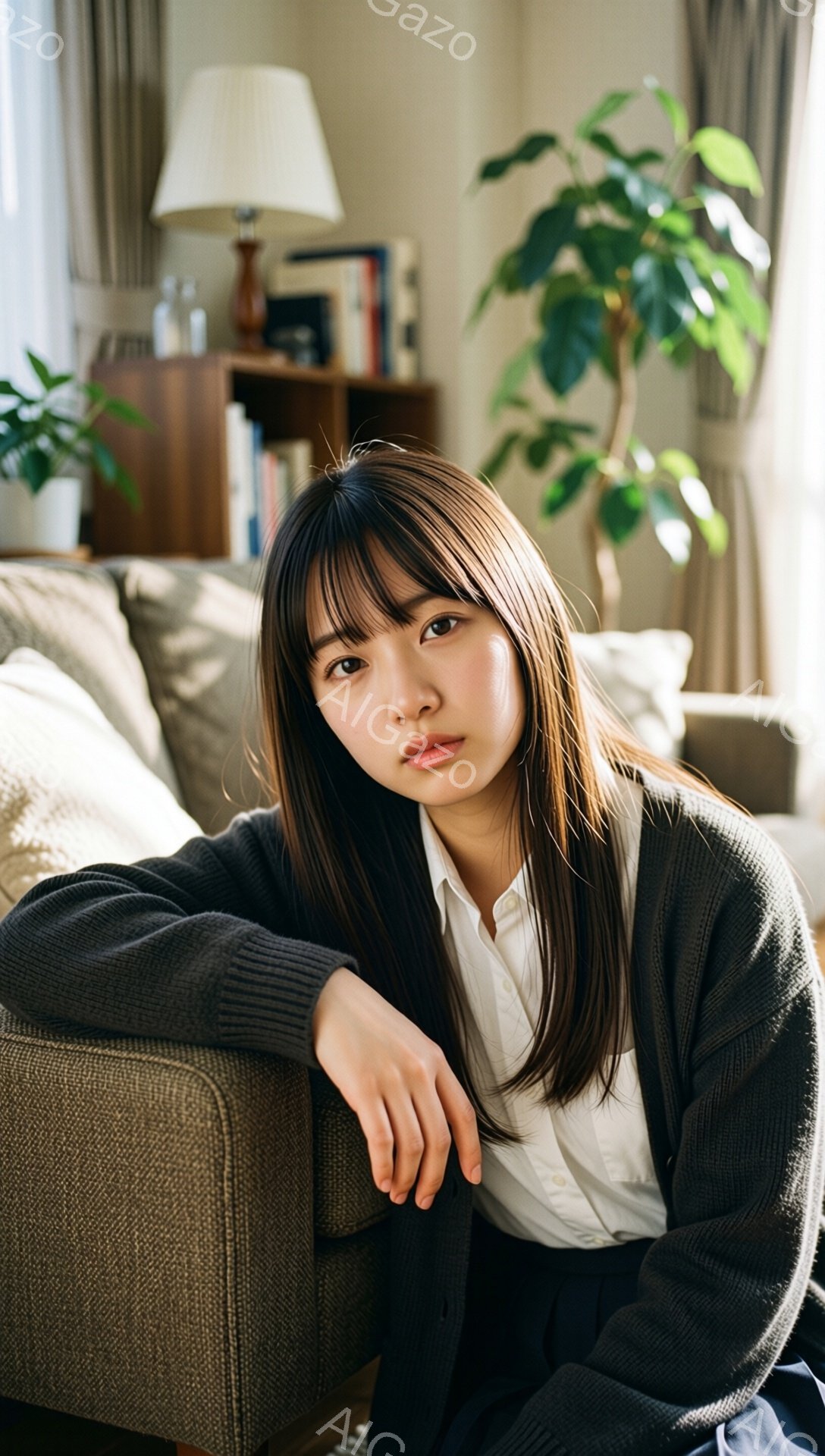 彼女は茶色のカーディガンと白いシャツを着て、膝を曲げてソファにもたれかかっています。髪は肩まで伸びており、前髪が目にかかるようなスタイルです。背景には植物や家具が見え、穏やかで落ち着いた雰囲気が漂っています。