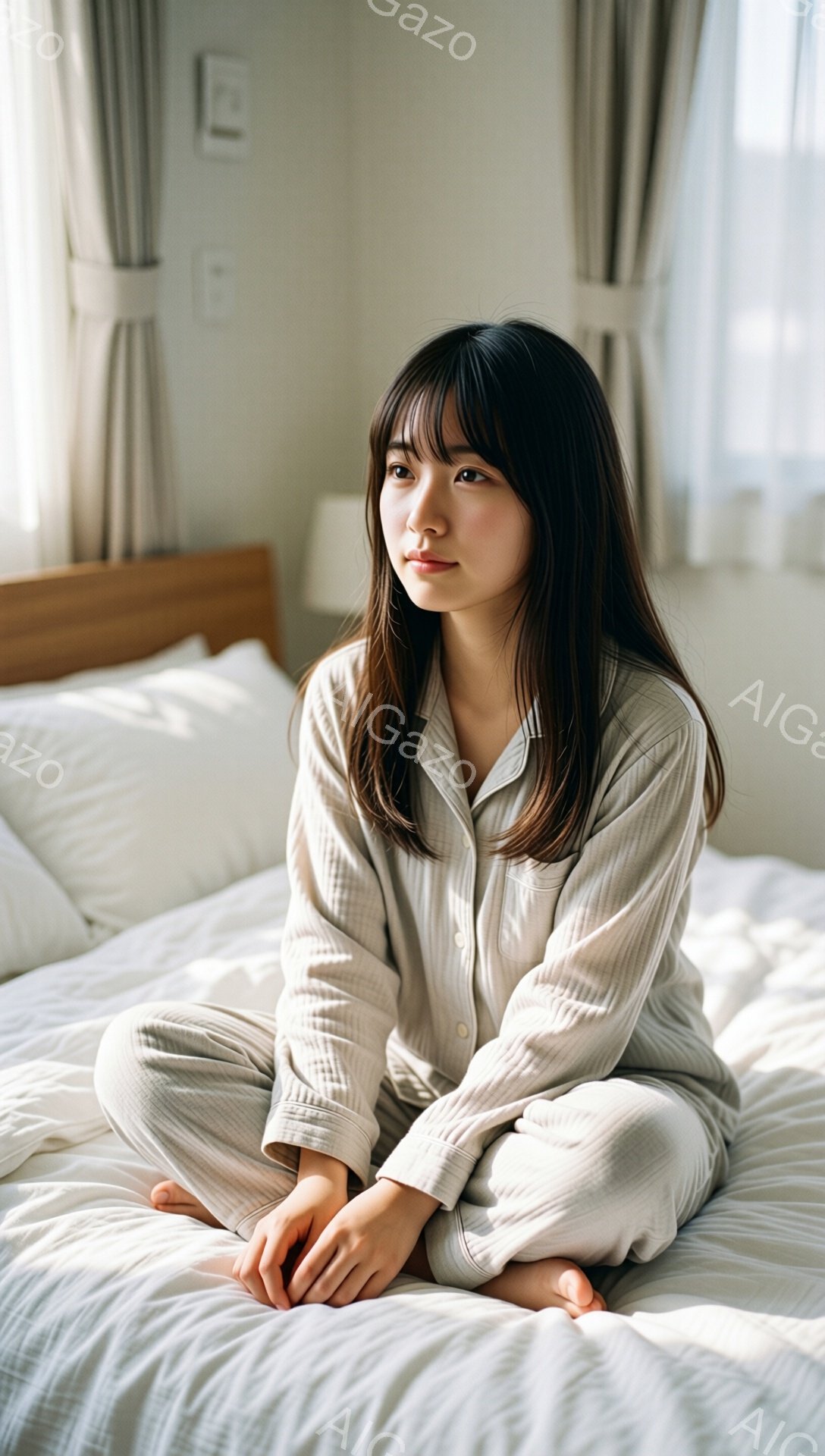 長い黒髪で、前髪ぱっつんの女性がベッドに座っています。ベージュ色のパジャマ姿で、少し物憂げな表情をしています。背景は明るい部屋で、ベッドの奥に間接照明が見え、落ち着いた雰囲気が漂っています。