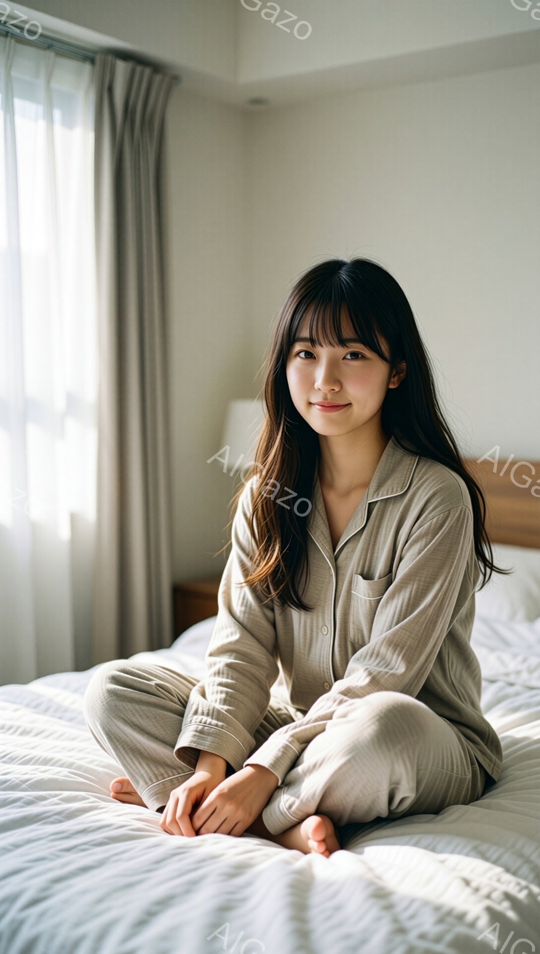 明るい室内で、若い女性がベッドに座って正面を見ている。ベージュ色のパジャマ姿で、長い髪は自然に肩にかかっている。穏やかな微笑みを浮かべ、リラックスした雰囲気が漂う。 - AI生成フリー素材