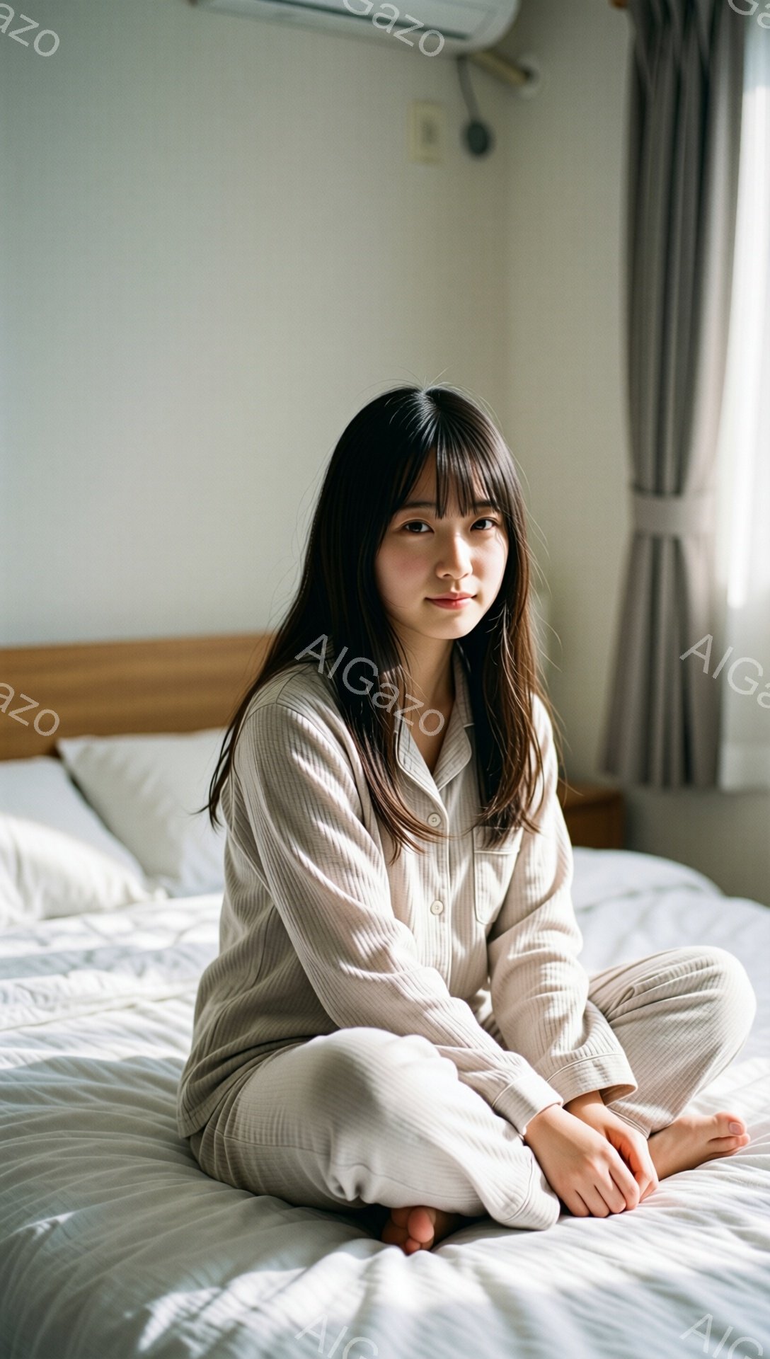 明るい部屋のベッドに座っている若い女性が写っています。ベージュ色のパジャマ姿で、長くダークブラウンの髪は自然に肩にかかっています。穏やかな笑顔を浮かべ、リラックスした雰囲気で足を組んで座っています。 - AI生成フリー素材
