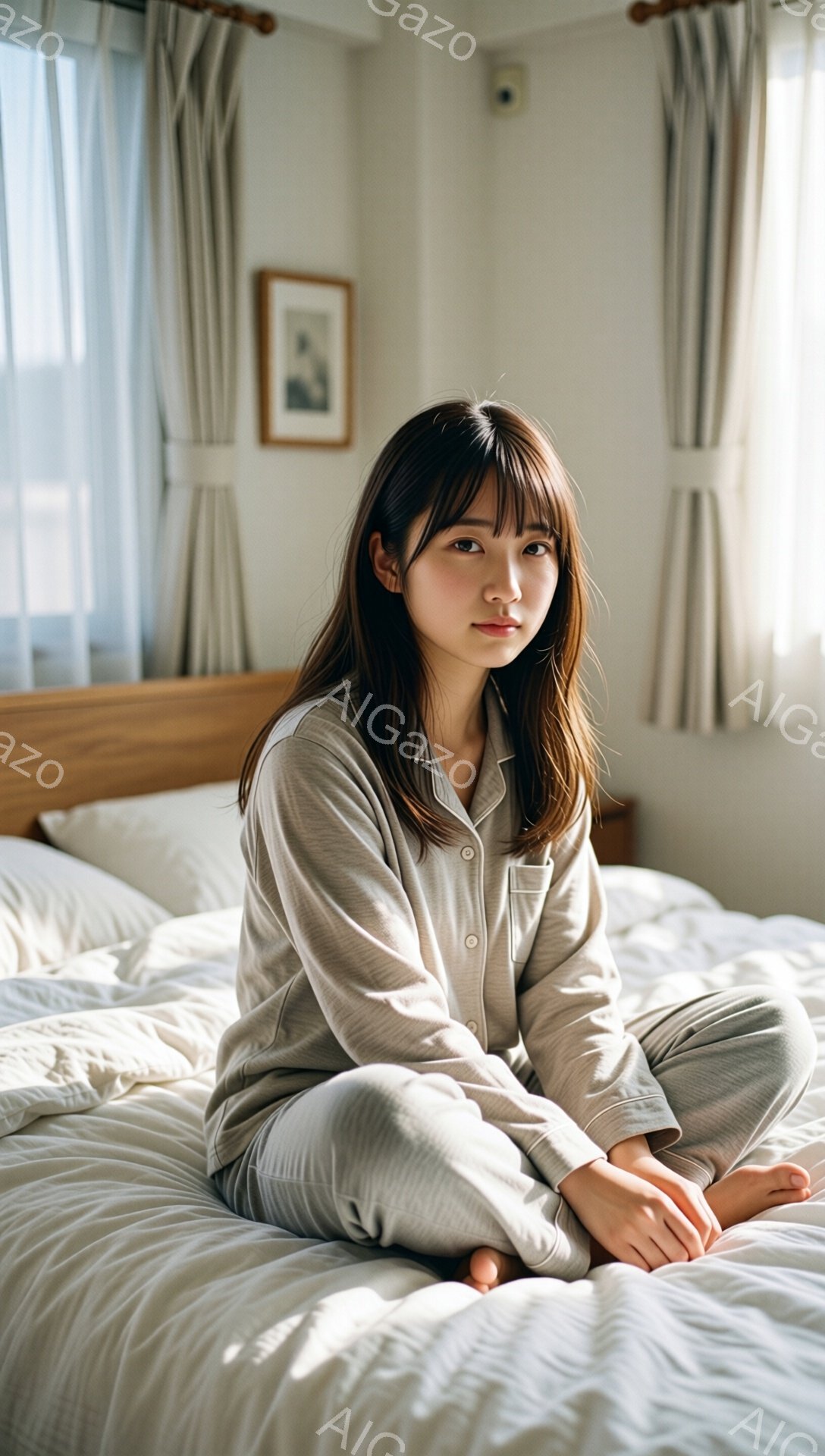 明るい自然光が差し込む寝室で、若い女性がベッドに座ってリラックスしたポーズをとっています。ベージュ色のパジャマを着ており、前髪のあるダークブラウンの髪は肩にかかる長さです。彼女は穏やかな表情で、少し微笑んでいるように見えます。