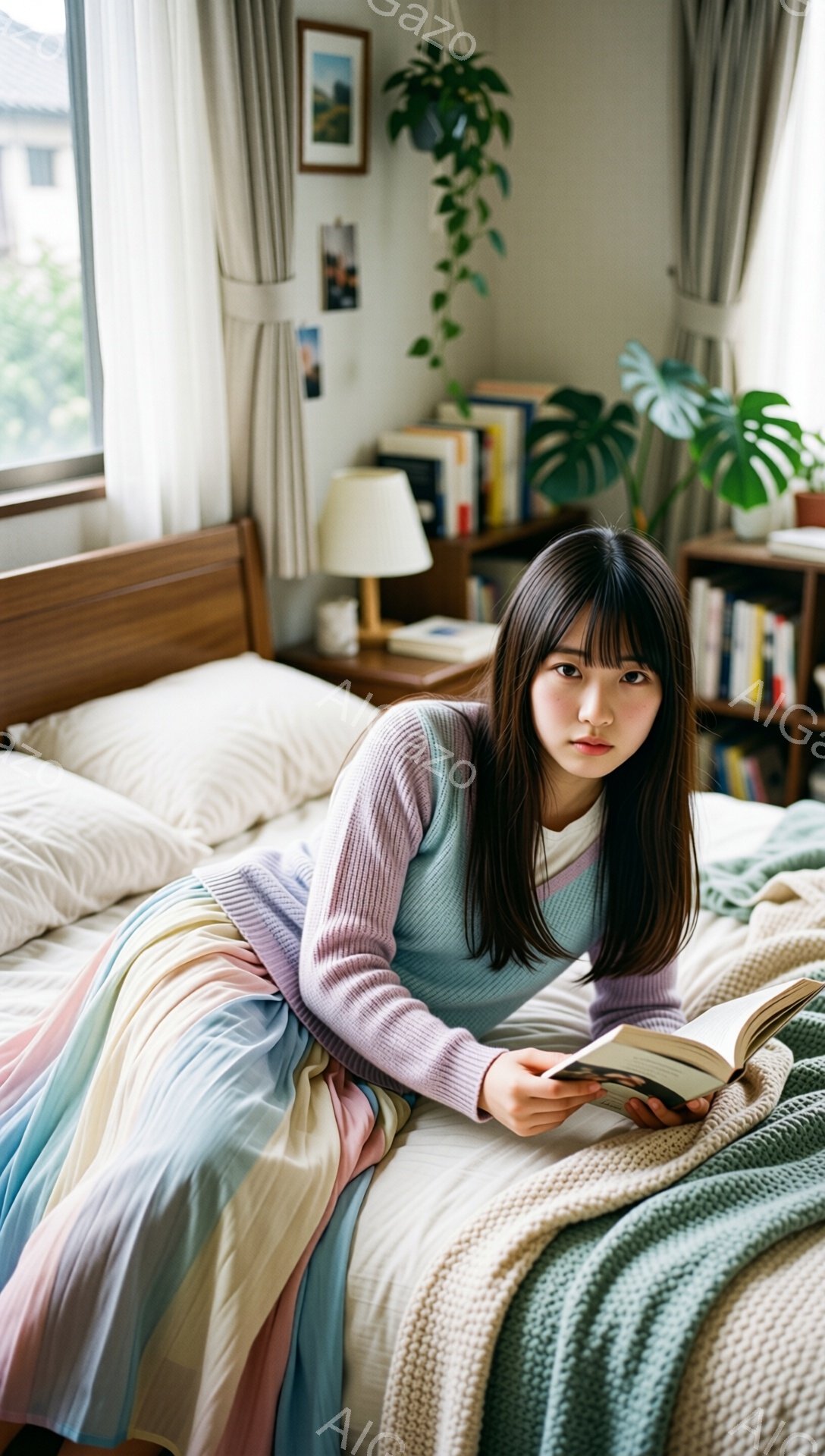 少女はベッドに横たわり、本を読んでいます。彼女はパステルカラーのセーターと白いシャツを着ており、前髪を下ろしたダークブラウンのロングヘアです。背景には木製のナイトスタンド、本棚、そして緑豊かな植物が見 - AI生成フリー素材