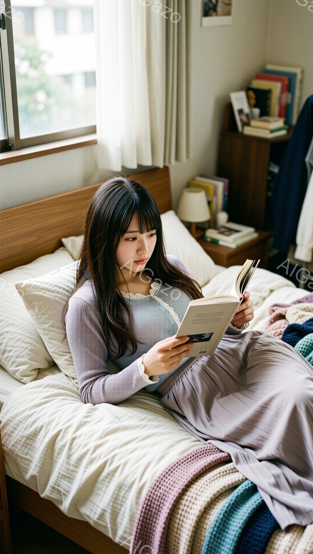 ベッドの上で本を読む若い女性が写っています。彼女は長袖のグレーのセーターと薄紫色のズボンを身につけ、前髪を流した黒髪で、集中して本に視線を落としています。背景には木製のナイトテーブルと本棚が見え、部屋全体が穏やかでリラックスした雰囲気を醸し出しています。