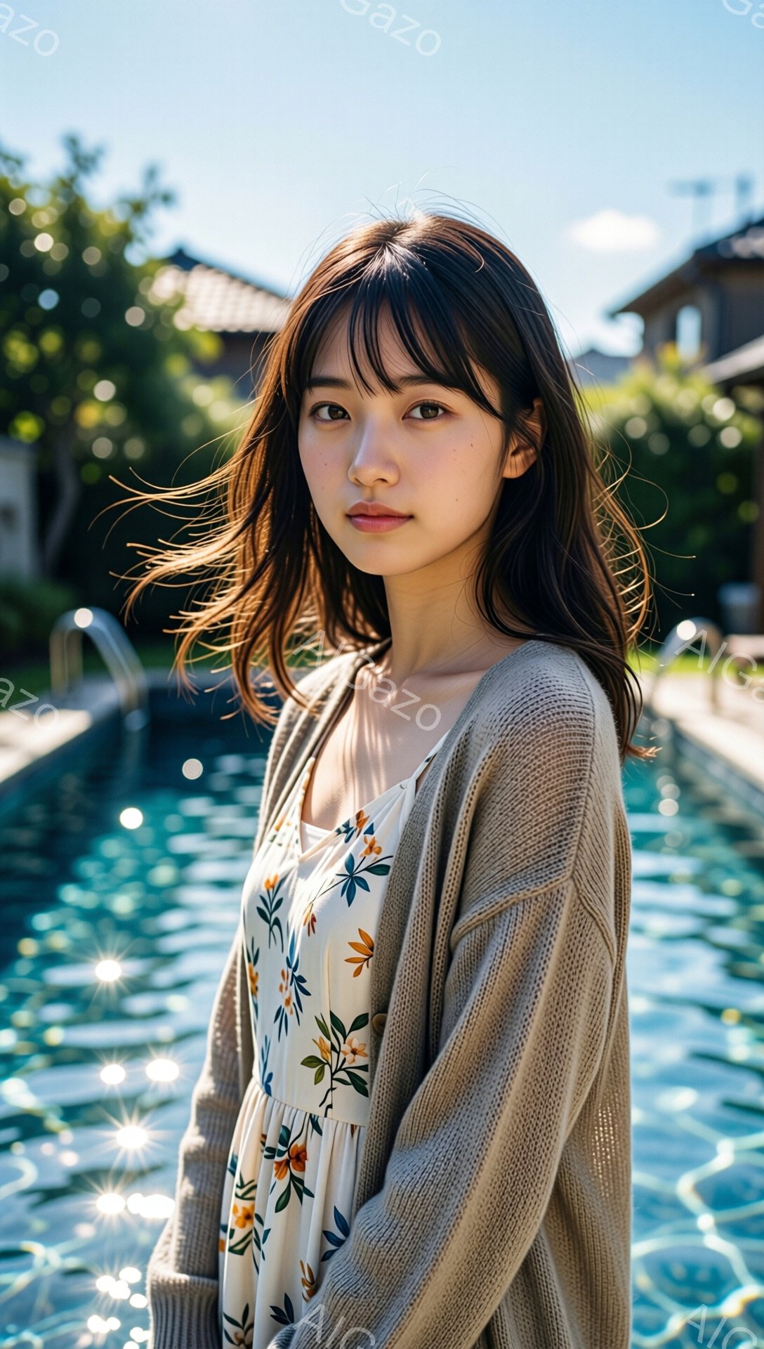 長い茶色の髪を持つ若い女性が、花柄の白いワンピースの上にベージュ色のカーディガンを着ています。彼女は少し微笑んでおり、柔らかい表情をしています。背景には、水がキラキラと輝くプールと、緑豊かな植物や建物 - AI生成フリー素材