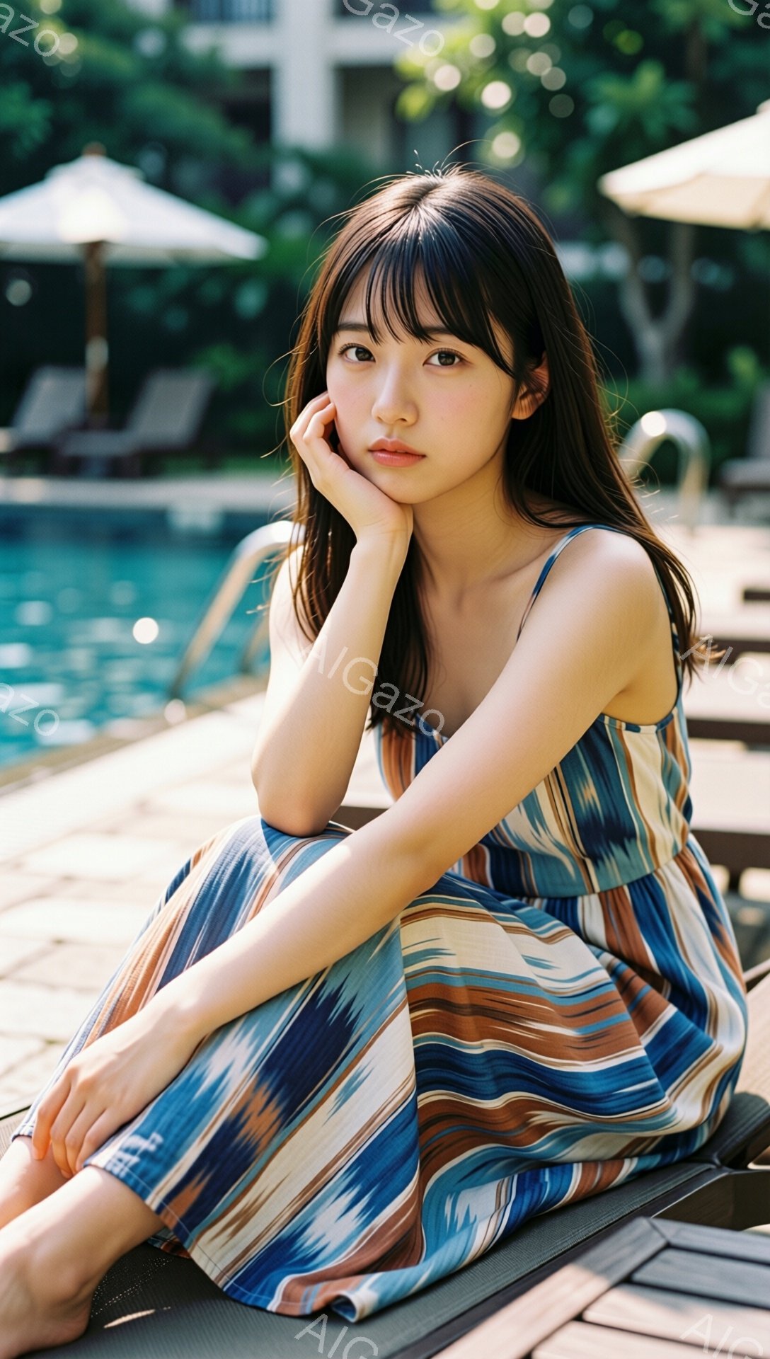 長い黒髪に前髪を合わせた女性が、ストライプのワンピースを着てリクライニングチェアに座っています。彼女は片手で頬を支え、少し物憂げな表情をしています。背景にはプールと緑豊かな植物が見え、晴れた日の穏やかな雰囲気が漂っています。