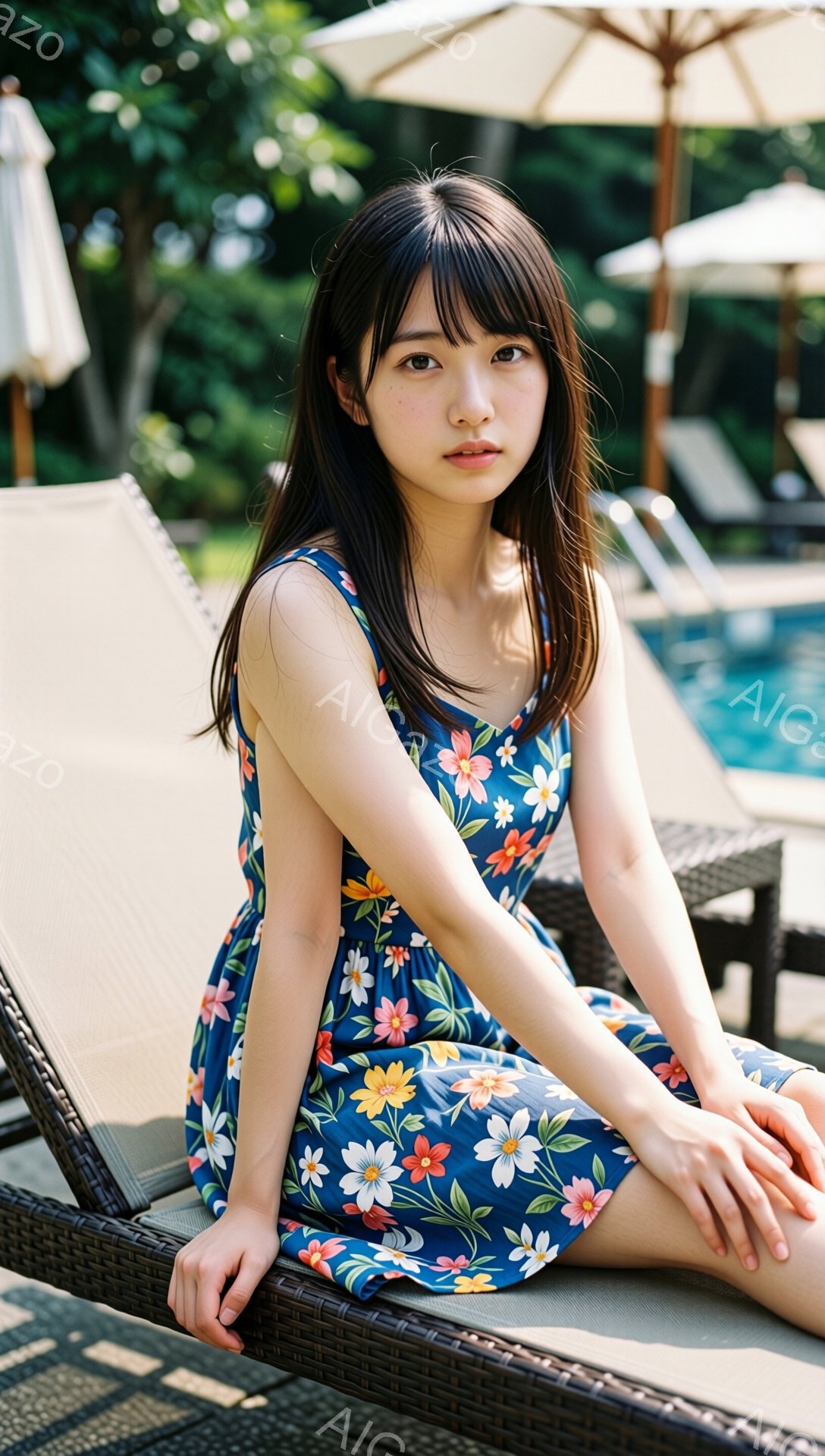 深い青色の花柄ワンピースを着た若い女性が、籐製のデッキチェアに座ってこちらを見ている。彼女は黒髪で、前髪が少し長めにかかっており、落ち着いた表情をしている。背景にはプールとパラソル、緑豊かな木々が見え、晴れた日のリゾート地の穏やかな雰囲気が漂っている。