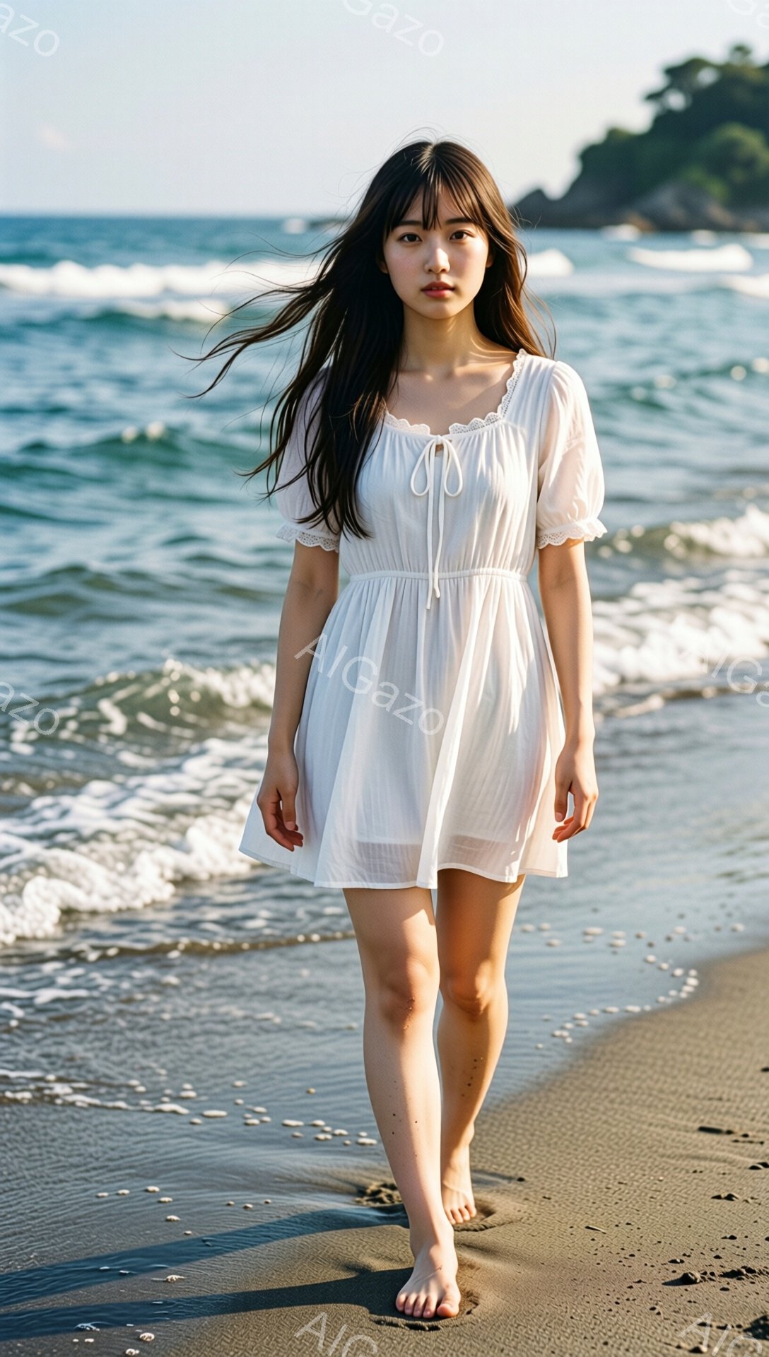 長い黒髪をなびかせ、白いレースのミニドレスを着た女性が砂浜を歩いている。彼女は素足で、少し微笑んだ表情で、海を見つめているようだ。背景には穏やかな海と緑豊かな山々が広がり、晴れた日の穏やかな雰囲気を醸し出している。