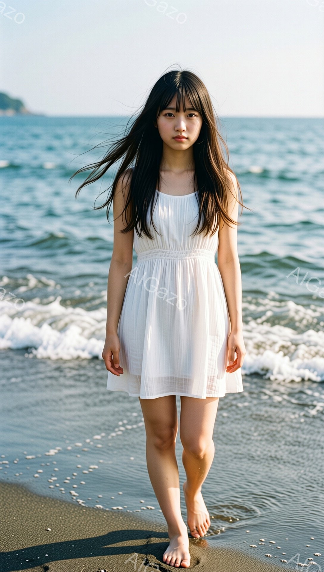 白いワンピースを着た若い女性が、砂浜を裸足で歩いている。彼女は長く黒い髪を風になびかせ、少し憂いを帯びた表情で正面を見ている。背景には穏やかな海が広がり、波が打ち寄せている。