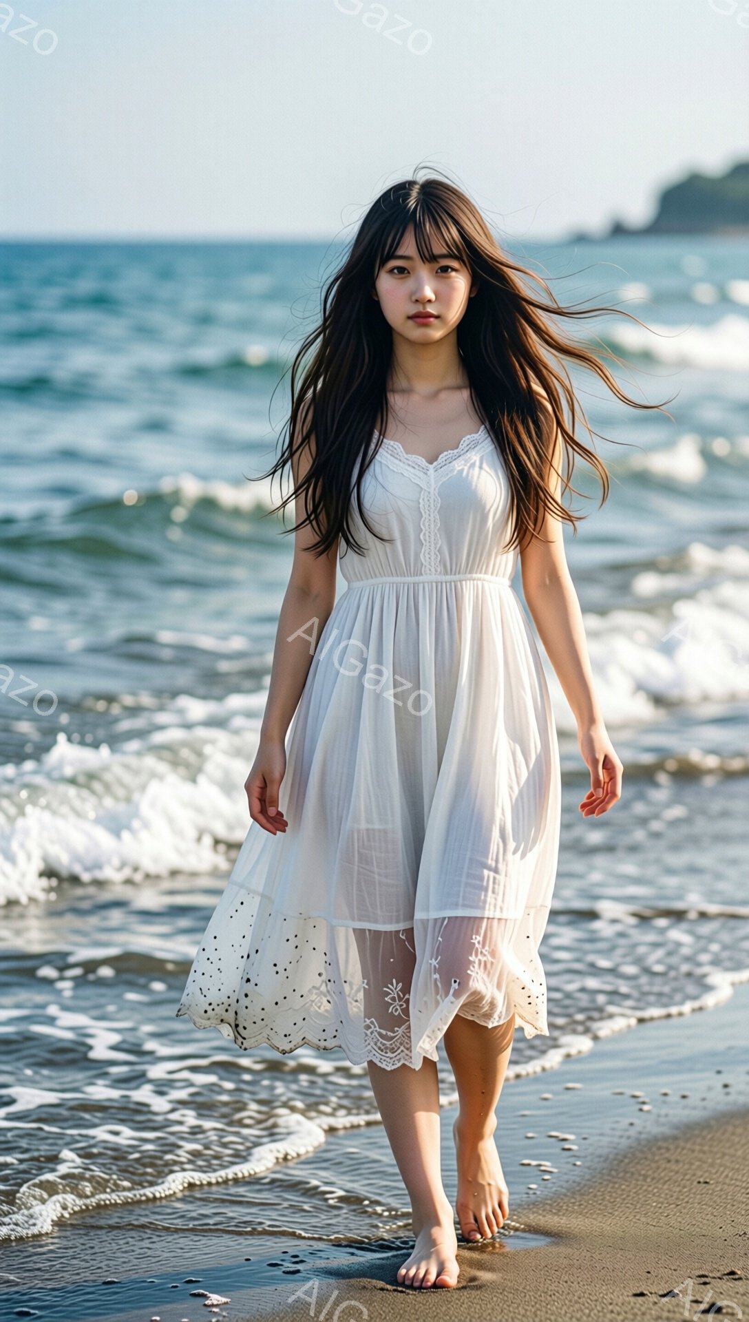 長い黒髪を風になびかせながら、白いレースのミモレ丈ワンピースを着た女性が砂浜を裸足で歩いている。彼女はわずかに微笑み、穏やかな表情で海を見つめているようだ。背景には穏やかな波が広がり、空は晴れていて、 - AI生成フリー素材