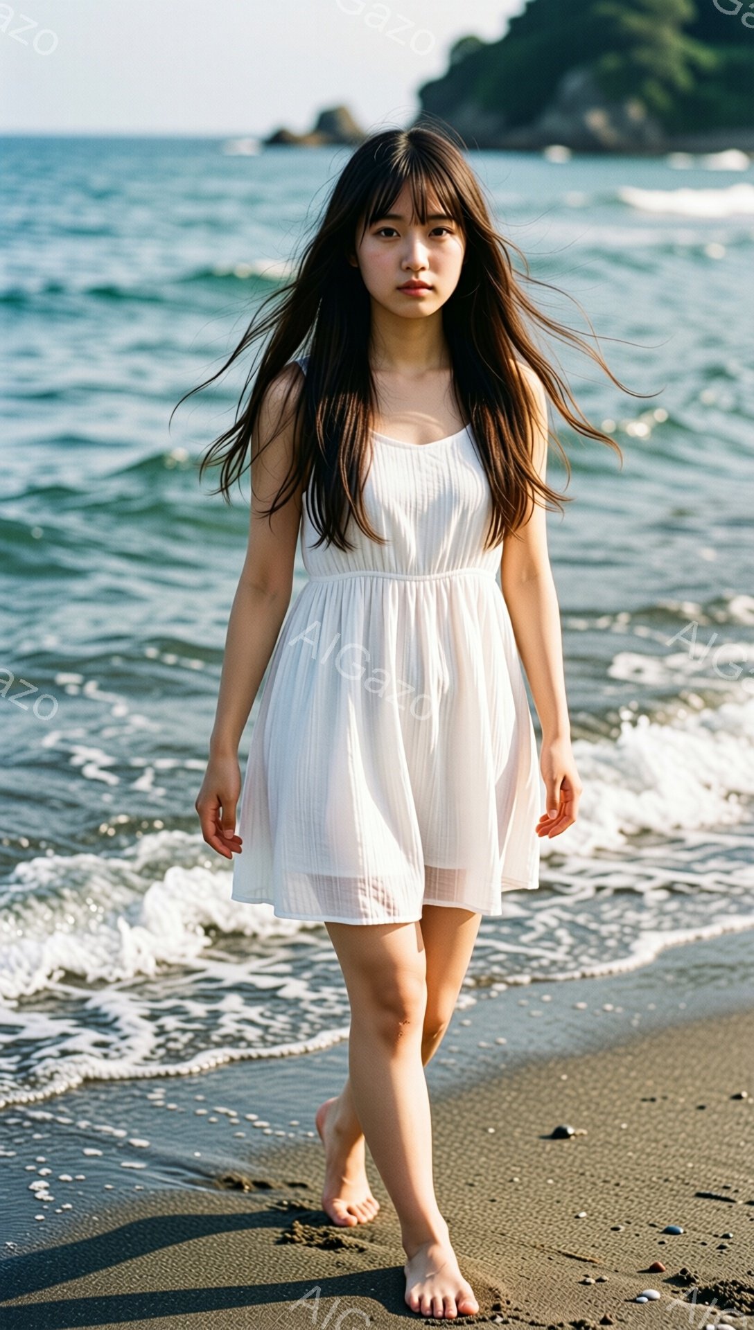 黒い砂浜を、白いキャミソールワンピースを着た女性が裸足で歩いている。長く艶やかな黒髪が風になびき、彼女はわずかに微笑み、穏やかな表情をしている。背景には青い海と波が広がり、遠くには緑の山々が見える、晴 - AI生成フリー素材