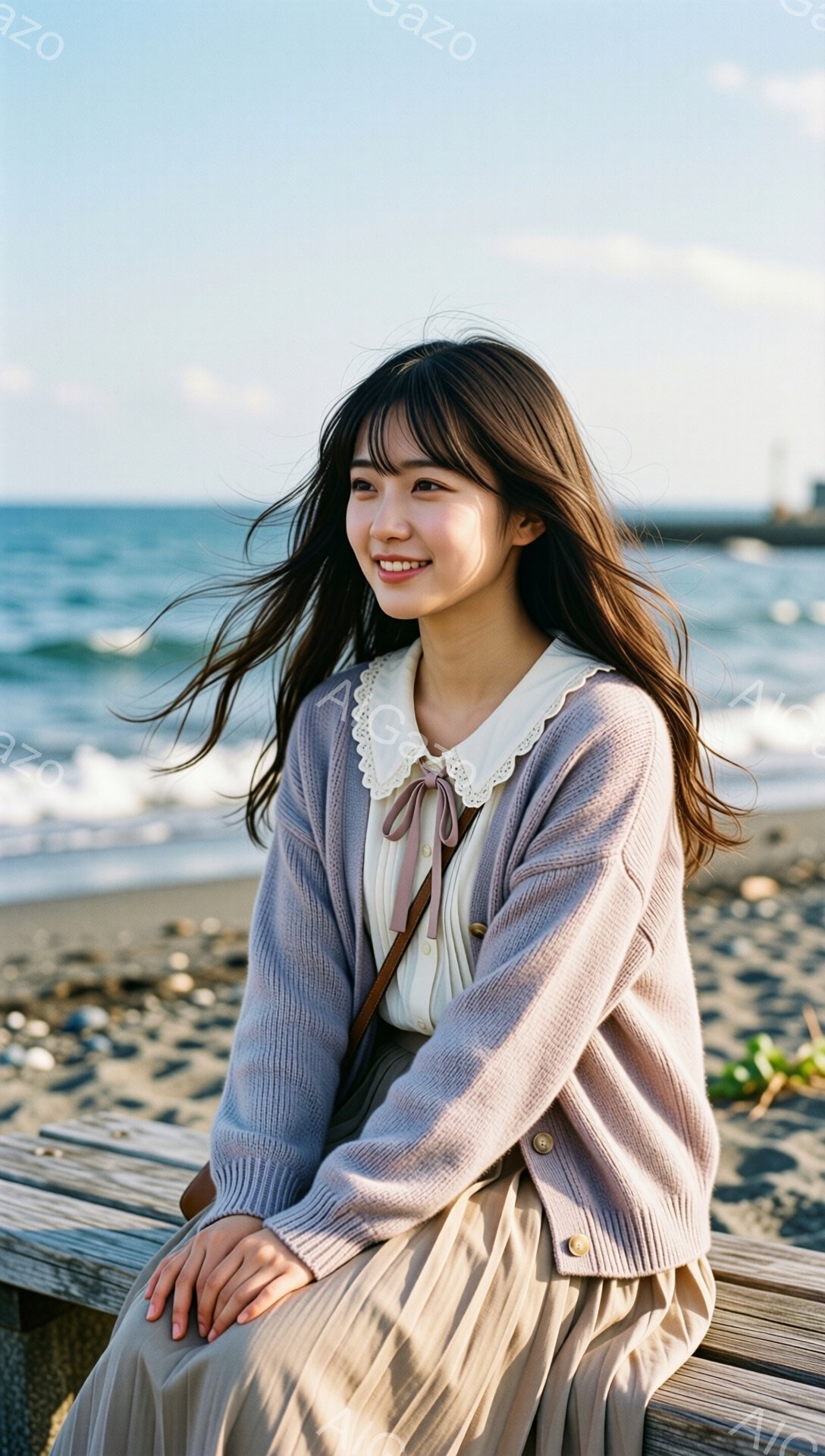 長い茶色の髪をなびかせ、優しい笑顔を浮かべた若い女性が写っている。ベージュのカーディガンに白い襟付きのブラウス、そしてプリーツスカートというカジュアルな服装で、木製のベンチに座ってリラックスした様子だ。背景には青い海と岩場が広がり、晴れた空の下、穏やかな雰囲気が漂っている。