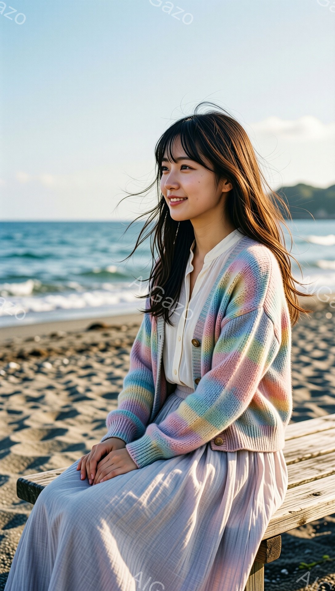 長い茶色の髪を持つ女性が、カラフルな編み物のカーディガンと薄いピンクのスカートを着て、木製のベンチに座っています。彼女は微笑んでおり、視線は左方向に送られています。背景には、穏やかな波が打ち寄せる灰色の砂浜と青い海が広がっており、晴れた日の穏やかな雰囲気が漂っています。