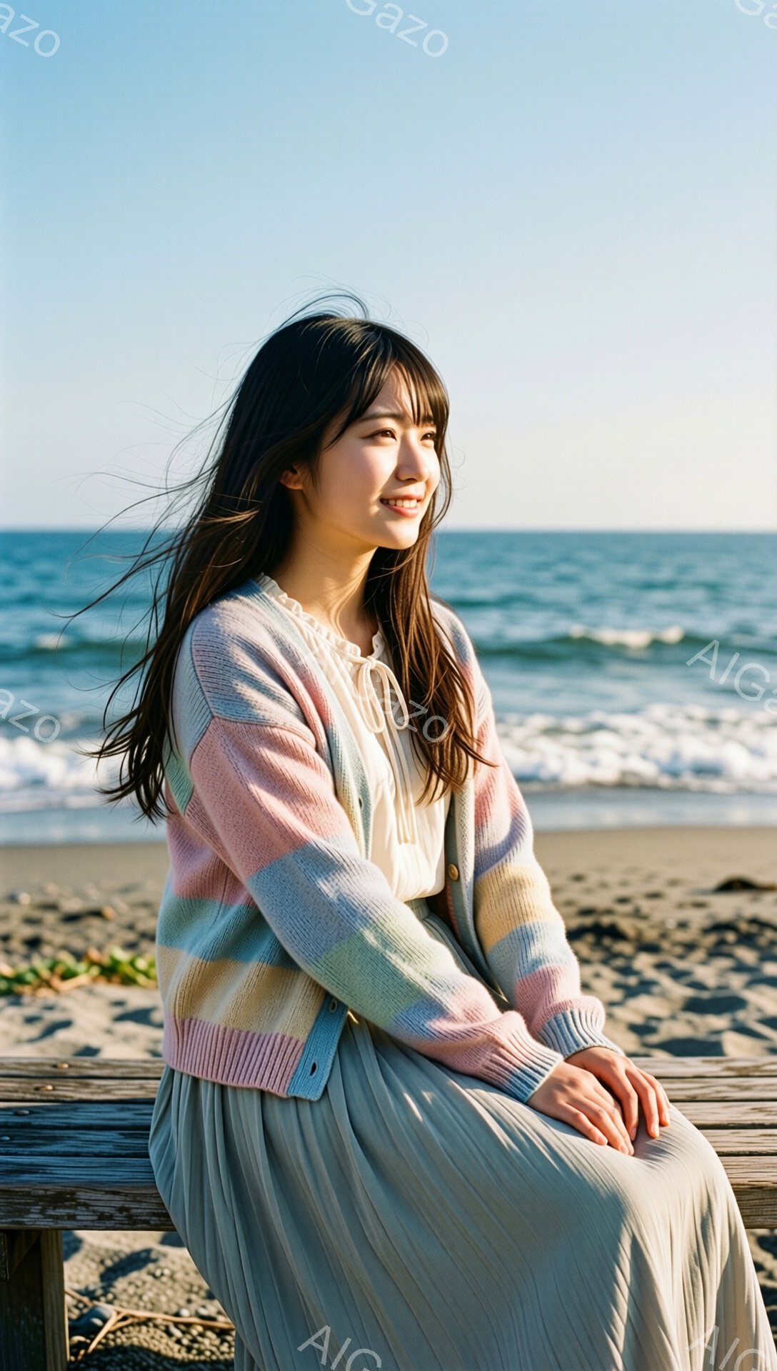 長い黒髪の女性が、カラフルなボーダーのカーディガンと、淡いグレーのプリーツスカートを着て桟橋に座っています。彼女は少し微笑み、遠くの海を見つめており、リラックスした雰囲気を醸し出しています。背景には穏やかな海と青い空が広がり、晴れた日の穏やかな海辺の風景が描かれています。