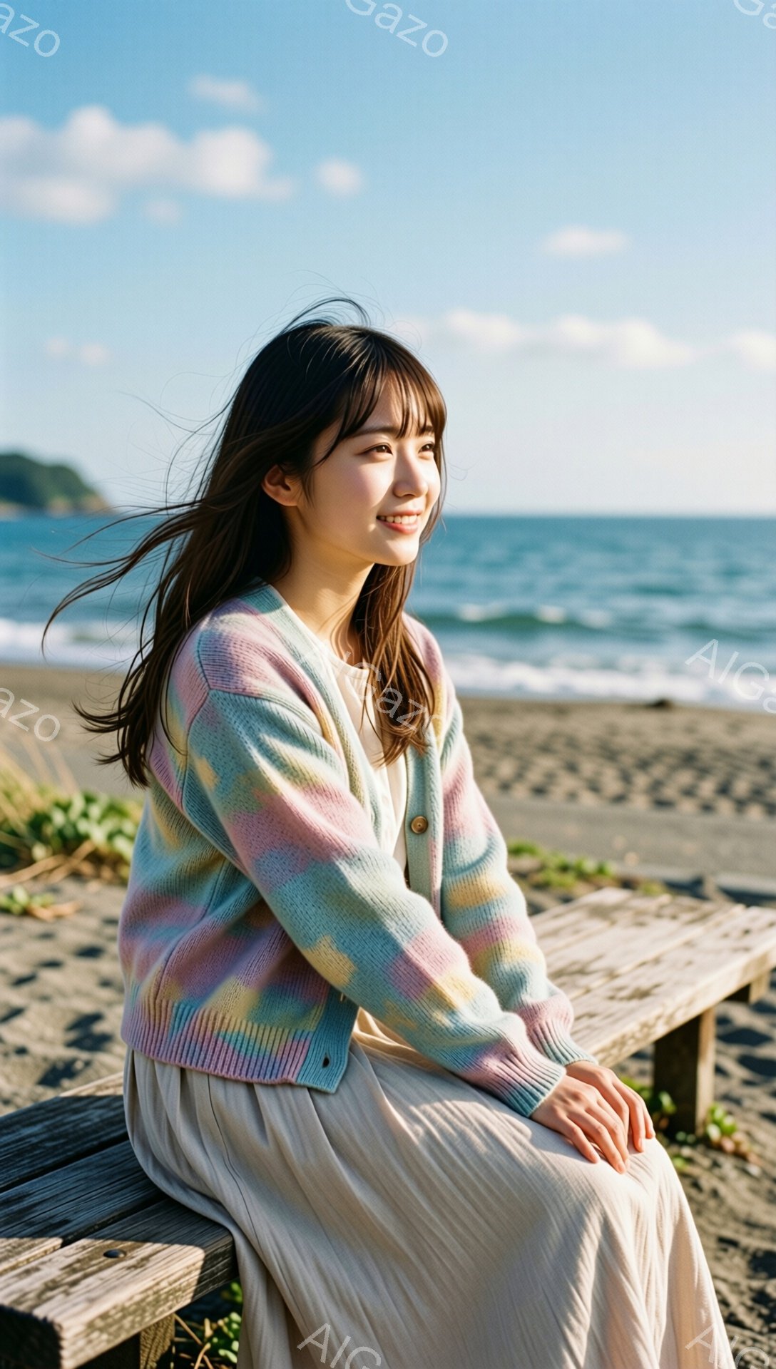長い茶色の髪を軽く風になびかせ、明るい笑顔を見せる若い女性が写っている。彼女はパステルカラーのカーディガンとベージュのスカートを身につけ、木のベンチに座って海を眺めている。背景には灰色の砂浜と青い海が広がり、晴天の空が広がっている。