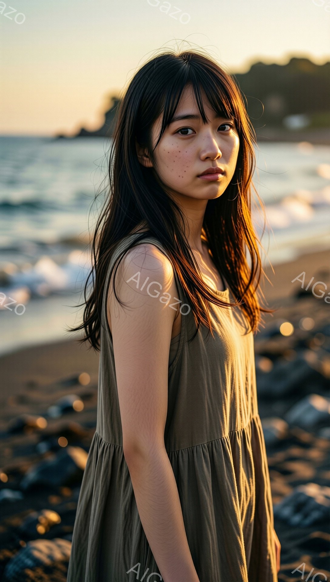 長い黒髪で、前髪が眉毛にかかるようにカットされた若い女性が写っています。ベージュ色のゆったりとしたワンピースを着て、わずかに微笑んでいる様子です。背景には穏やかな海と、黒い岩場が広がっており、夕暮れ時の柔らかい光が彼女を照らしています。