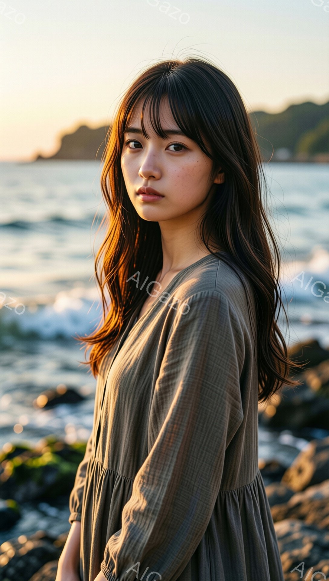 長いダークブラウンの髪をした若い女性が、くすんだ緑色のゆったりとしたワンピースを着ています。彼女は少し眉間にしわを寄せ、穏やかで憂いのある表情をしています。背景には荒い岩場と穏やかな波が打ち寄せる海が広がり、夕暮れ時の柔らかな光が全体を包み込んでいます。