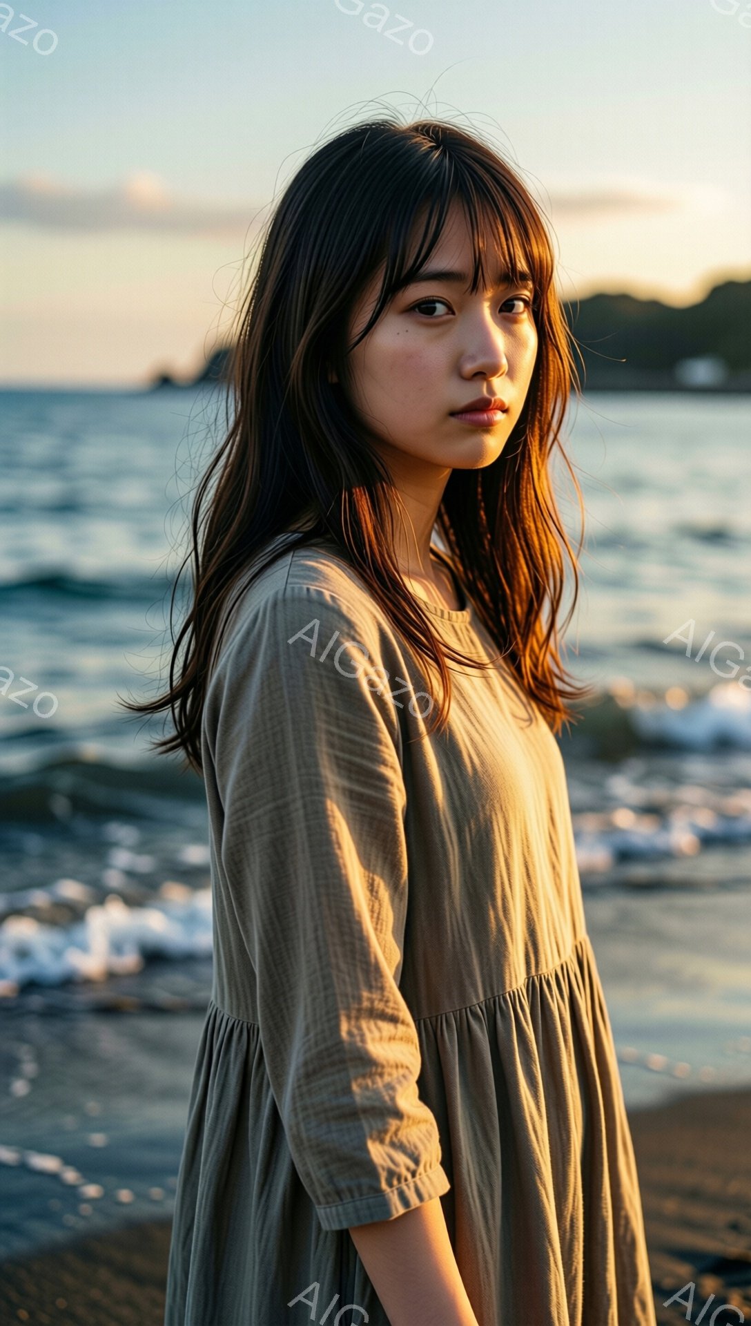 長いダークブラウンの髪を持つ若い女性が、ベージュ色のゆったりとしたワンピースを着て砂浜に立っている。彼女はわずかに横を向き、遠くを見つめ、穏やかで少し物憂げな表情をしている。背景には、夕焼けに照らされた穏やかな海と、遠くに見える海岸線が広がっており、全体的に静かでノスタルジックな雰囲気を醸し出している。
