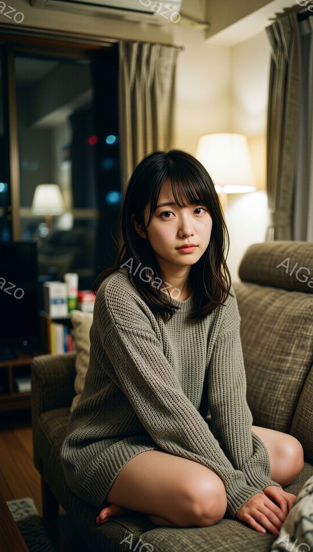 若い女性が、グレーのざっくり編みのセーターを着て、ソファに座って膝を曲げています。彼女は暗い髪で、前髪が少し目にかかっており、落ち着いた表情をしています。背景には、間接照明や本棚が見え、暖かく落ち着いた雰囲気の室内です。