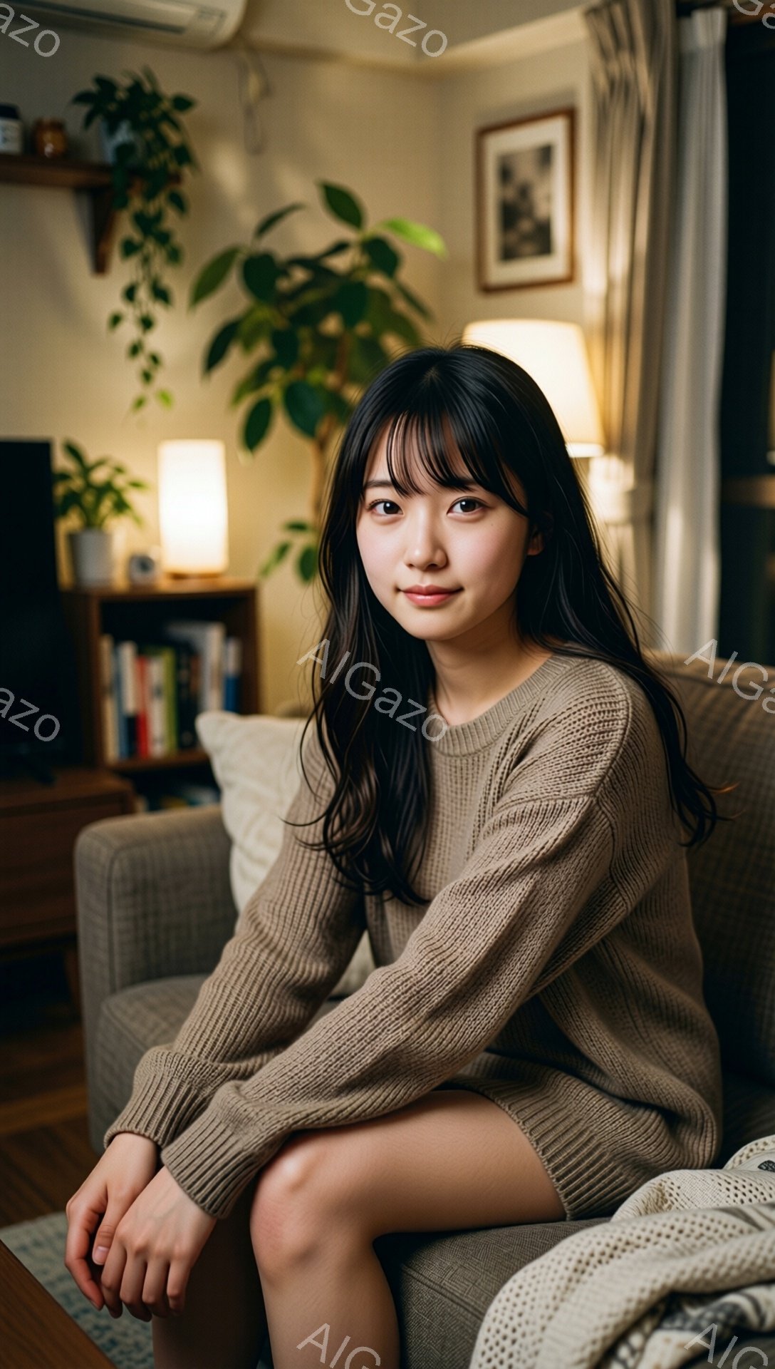 長い黒髪で、前髪が眉毛にかかるようにカットされた若い女性が、ベージュ色のニットワンピースを着て、灰色のソファに座っています。彼女は微笑んでおり、リラックスした雰囲気を醸し出しています。背景には、植物、本棚、ランプなどがあり、リビングルームの温かく快適な雰囲気が伝わってきます。