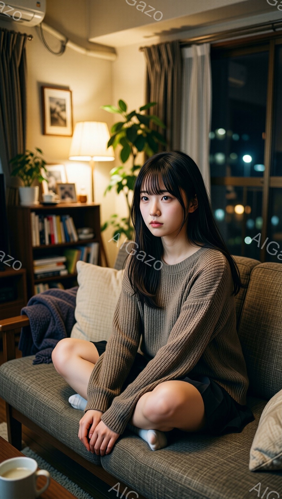 彼女はソファに足を組んで座っており、ベージュのざっくりとしたセーターを着ています。長い黒髪は肩にかかり、やや憂いを帯びた表情をしています。背景には本棚、観葉植物、そして夜景が見え、室内は温かく落ち着いた雰囲気です。
