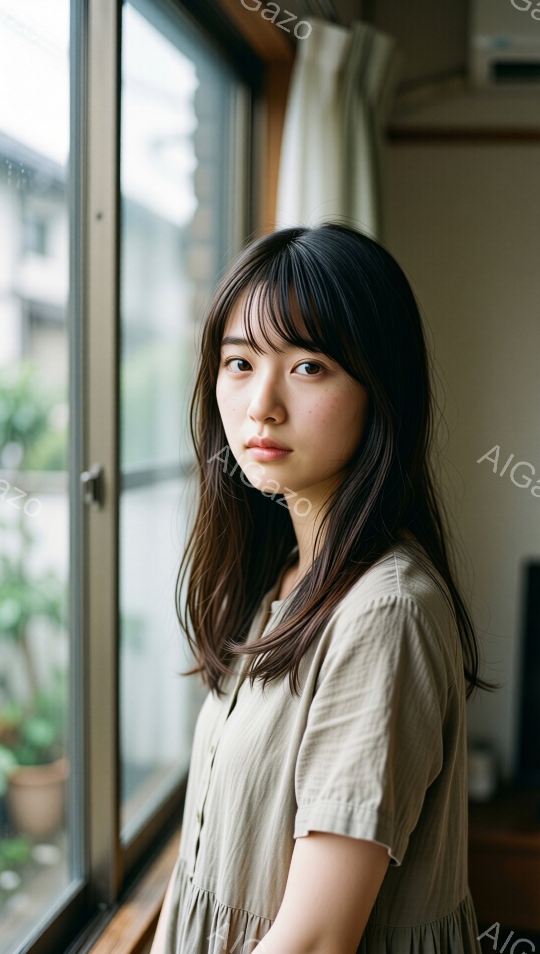 長い黒髪の女性が窓辺に立っており、ベージュ色のゆったりとしたワンピースを着ています。彼女は穏やかな表情で、少し内側を見るような視線を送っています。背景には植物が見える窓と、ぼんやりと見える建物があり、全体的に柔らかく、静かな雰囲気が漂っています。