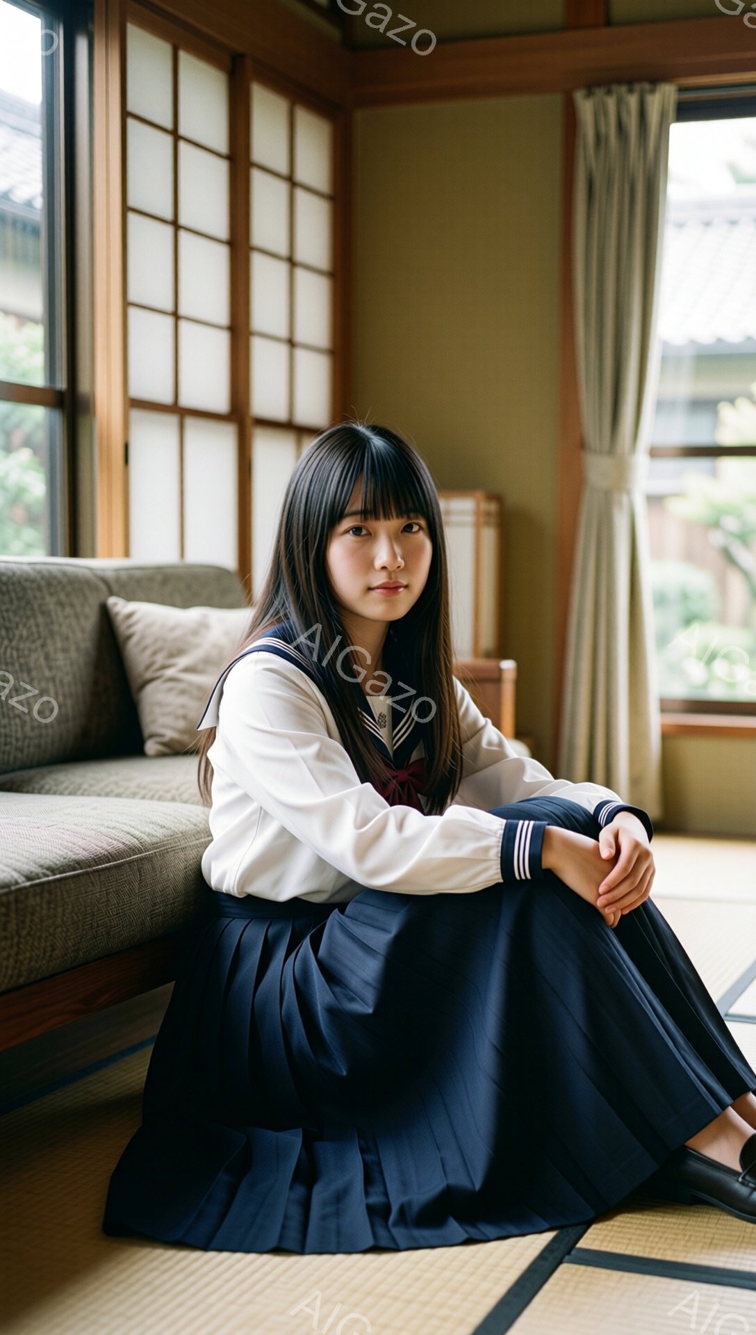 制服を着た女子高生が畳の上に座っている。紺色のプリーツスカートと、白と紺のセーラーカラーのブラウスを着用し、赤いリボンが結ばれている。背景には茶色の座布団とソファ、そして障子窓から見える緑豊かな庭園が見え、落ち着いた雰囲気が漂う。