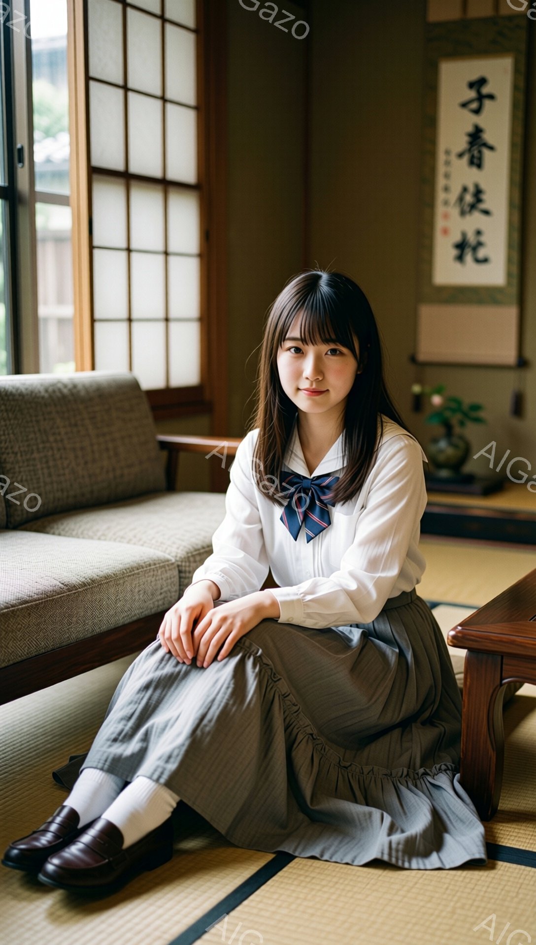 画像には、セーラー服を着た若い女性が畳の部屋に座っている様子が写っています。彼女は白いブラウスにグレーのスカート、茶色のローファーを履き、首には青いネクタイを結んでいます。背景には障子、畳、そして掛け軸があり、日本の伝統的な雰囲気が漂っています。