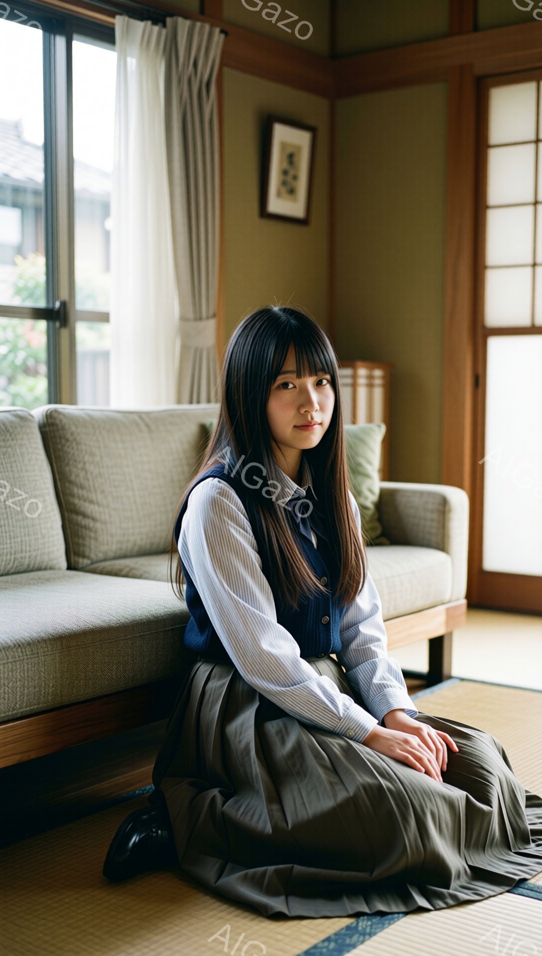画像には、畳の上に座っている若い女性が写っています。彼女は白いストライプのシャツに濃い青のベスト、灰色のスカートを着用しており、髪は肩までの長さで前髪があります。彼女はわずかに微笑み、落ち着いた表情で、背景にはベージュ色のソファと障子、そして窓から見える緑の植物が見えます。