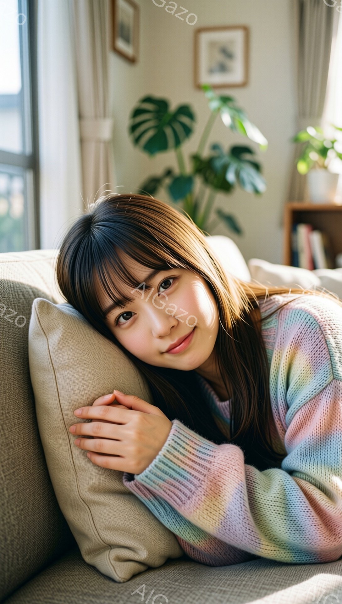 若い女性がソファーに寄りかかって微笑んでいます。カラフルな虹色のセーターを着ており、前髪を下ろしたダークブラウンのヘアスタイルです。背景には、観葉植物や絵画が飾られた明るいリビングルームが見え、リラックスした穏やかな雰囲気が漂っています。